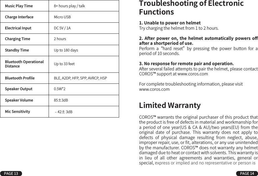 1. Unable to power on helmetTry charging the helmet from 1 to 2 hours.2.  After power on,  the  helmet automatically  powers  oﬀ after a shortperiod of use.Perform  a “hard  reset”  by  pressing  the  power  button  for  a period of 10 seconds.3. No response for remote pair and operation.After several failed attempts to pair the helmet, please contact COROS™ support at www.coros.comFor complete troubleshooting information, please visit www.coros.comTroubleshooting of Electronic FunctionsCOROS™ warrants the original purchaser of this product that the product is free of defects in material and workmanship for a period  of  one year(US &amp; CA  &amp;  AU)/two years(EU) from the original  date  of  purchase.  This  warranty  does  not  apply  to defects  of  physical  damage  resulting  from  neglect,  abuse, improper repair, use, or ﬁt, alterations, or any use unintended by the manufacturer. COROS™ does not warranty any helmet damaged due to heat or contact with solvents. This warranty is in  lieu  of  all  other  agreements  and  warranties,  general  or special, express or implied and no representative or person is Limited WarrantyPAGE 13 PAGE 14Music Play Time 8+ hours play / talkCharge Interface Micro USBElectrical Input DC 5V / 1ACharging Time 2 hoursStandby Time Up to 180 daysBluetooth ProﬁleSpeaker OutputSpeaker VolumeMic SensitivityBLE, A2DP, HFP, SPP, AVRCP, HSP0.5W*285±3dB﹣42± 3dBBluetooth Operational Distance Up to 33 feet