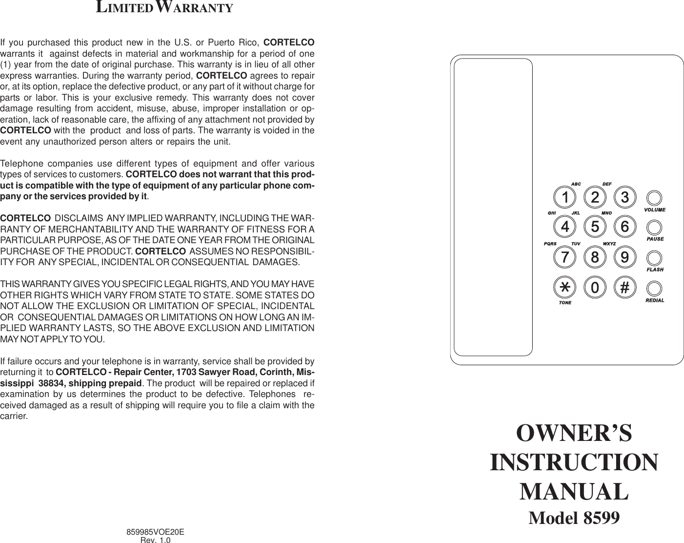 Page 1 of 4 - Cortelco Cortelco-8599-Users-Manual- 8599E Rev 1_0 Booklet.pmd  Cortelco-8599-users-manual