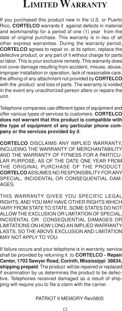 Page 12 of 12 - Cortelco Cortelco-Patriot-Ii-2194-V0E27S-Users-Manual- 2194 New Layout User Guide  Cortelco-patriot-ii-2194-v0e27s-users-manual