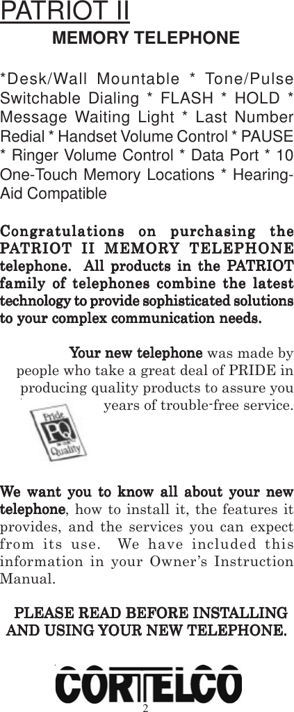 Page 2 of 12 - Cortelco Cortelco-Patriot-Ii-2194-V0E27S-Users-Manual- 2194 New Layout User Guide  Cortelco-patriot-ii-2194-v0e27s-users-manual