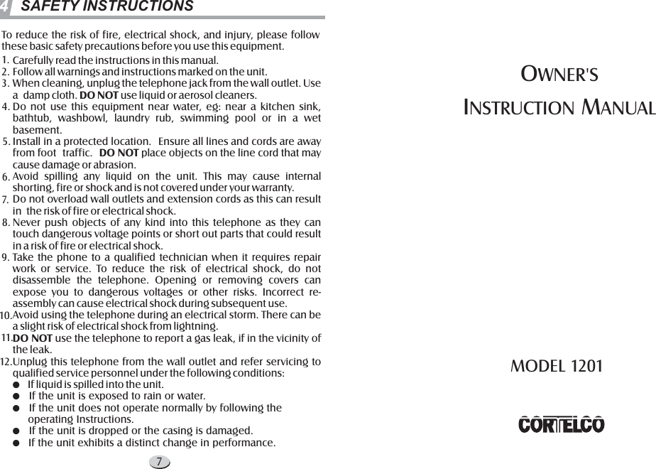 Page 1 of 4 - Cortelco Cortelco-Telephone-1201-Users-Manual- XL-2126PT 美国新  Cortelco-telephone-1201-users-manual