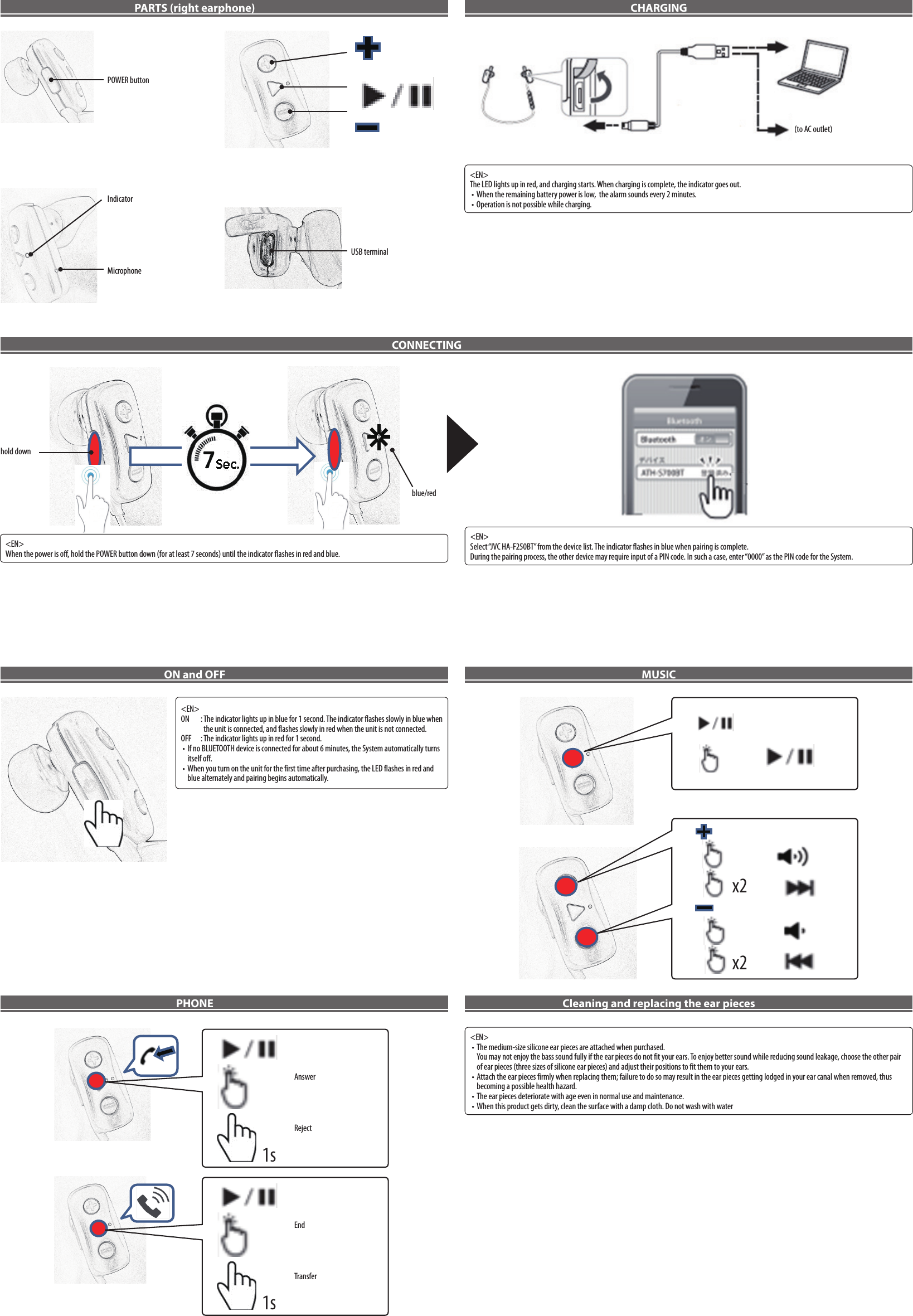 (to AC outlet) POWER buttonIndicatorMicrophonehold downblue/redUSB terminal&lt;EN&gt;The LED lights up in red, and charging starts. When charging is complete, the indicator goes out.• When the remaining battery power is low,  the alarm sounds every 2 minutes.• Operation is not possible while charging.&lt;EN&gt;When the power is off, hold the POWER button down (for at least 7 seconds) until the indicator flashes in red and blue.&lt;EN&gt;Select “JVC HA-F250BT” from the device list. The indicator flashes in blue when pairing is complete. During the pairing process, the other device may require input of a PIN code. In such a case, enter “0000” as the PIN code for the System.&lt;EN&gt;ON  :  The indicator lights up in blue for 1 second. The indicator flashes slowly in blue when the unit is connected, and flashes slowly in red when the unit is not connected.OFF  :  The indicator lights up in red for 1 second.• If no BLUETOOTH device is connected for about 6 minutes, the System automatically turns itself off.• When you turn on the unit for the first time after purchasing, the LED flashes in red and blue alternately and pairing begins automatically.Answerx2x2EndRejectTransfer1s1s&lt;EN&gt;• The medium-size silicone ear pieces are attached when purchased. You may not enjoy the bass sound fully if the ear pieces do not fit your ears. To enjoy better sound while reducing sound leakage, choose the other pair of ear pieces (three sizes of silicone ear pieces) and adjust their positions to fit them to your ears.• Attach the ear pieces firmly when replacing them; failure to do so may result in the ear pieces getting lodged in your ear canal when removed, thus becoming a possible health hazard.• The ear pieces deteriorate with age even in normal use and maintenance.• When this product gets dirty, clean the surface with a damp cloth. Do not wash with waterPARTS (right earphone) CHARGING CONNECTINGON and OFF MUSIC PHONE Cleaning and replacing the ear pieces 