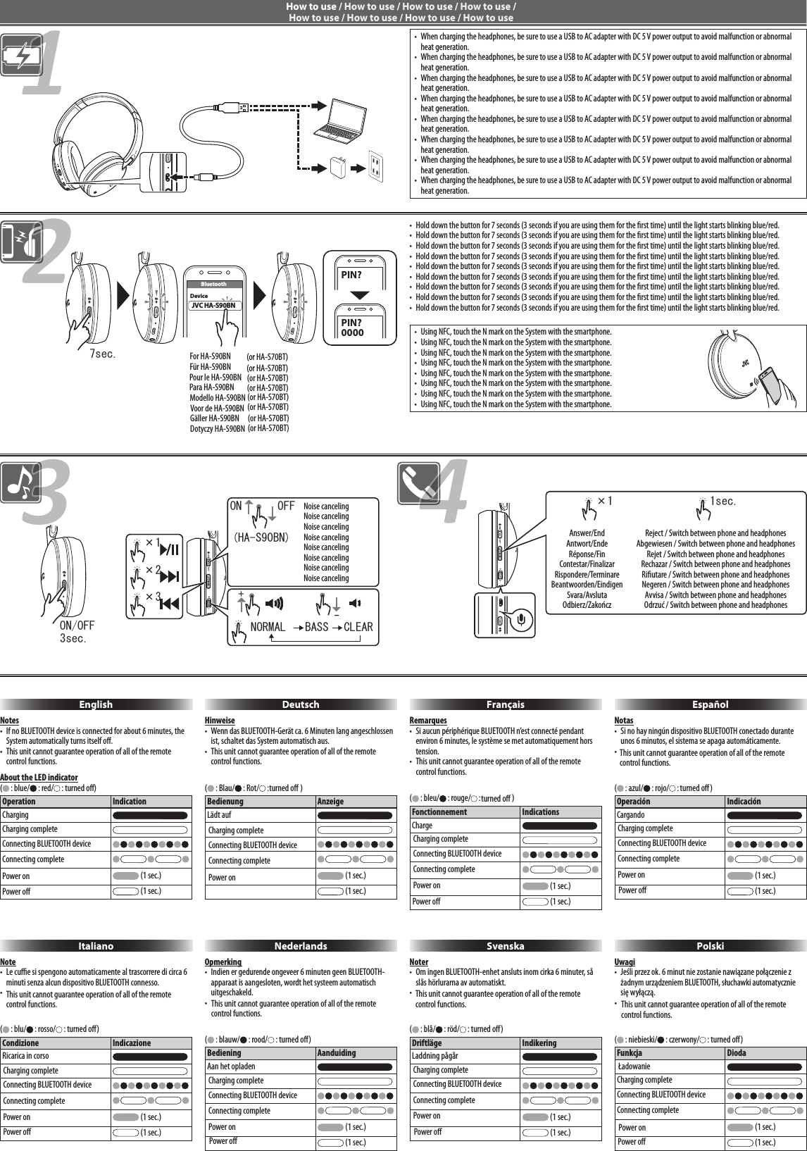 EnglishNotes• If no BLUETOOTH device is connected for about 6 minutes, the System automatically turns itself oﬀ.• This unit cannot guarantee operation of all of the remote control functions.About the LED indicator(  : blue/  : red/  : turned oﬀ)Operation IndicationChargingCharging completeConnecting BLUETOOTH deviceConnecting completePower on  (1 sec.)Power oﬀ  (1 sec.)DeutschHinweise• Wenn das BLUETOOTH-Gerät ca. 6 Minuten lang angeschlossen ist, schaltet das System automatisch aus.• This unit cannot guarantee operation of all of the remote control functions.(  : Blau/  : Rot/  :  )Bedienung AnzeigeLädt auf (1 sec.) (1 sec.)ItalianoNote• Le cuﬃe si spengono automaticamente al trascorrere di circa 6 minuti senza alcun dispositivo BLUETOOTH connesso.•(  : blu/  : rosso/  : turned oﬀ)Condizione IndicazioneRicarica in corso (1 sec.) (1 sec.)NederlandsOpmerking• Indien er gedurende ongeveer 6 minuten geen BLUETOOTH-apparaat is aangesloten, wordt het systeem automatisch uitgeschakeld.•(  : blauw/  : rood/  : turned oﬀ)Bediening AanduidingAan het opladen (1 sec.) (1 sec.)SvenskaNoter• Om ingen BLUETOOTH-enhet ansluts inom cirka 6 minuter, så slås hörlurarna av automatiskt.•(  : blå/  : röd/  : turned oﬀ)Driftläge IndikeringLaddning pågår (1 sec.) (1 sec.)PolskiUwagi• Jeśli przez ok. 6 minut nie zostanie nawiązane połączenie z żadnym urządzeniem BLUETOOTH, słuchawki automatycznie się wyłączą.•(  : niebieski/  : czerwony/  : turned oﬀ)Funkcja DiodaŁadowanie (1 sec.) (1 sec.)FrançaisRemarques• Si aucun périphérique BLUETOOTH n’est connecté pendant environ 6 minutes, le système se met automatiquement hors tension.• This unit cannot guarantee operation of all of the remote control functions.(  : bleu/  : rouge/  :  )Fonctionnement IndicationsCharge (1 sec.) (1 sec.)EspañolNotas• Si no hay ningún dispositivo BLUETOOTH conectado durante unos 6 minutos, el sistema se apaga automáticamente.•(  : azul/  : rojo/  :  )Operación IndicaciónCargando (1 sec.) (1 sec.)ON/OFF3sec.How to use / How to use / How to use / How to use / How to use / How to use / How to use / How to use• Hold down the button for 7 seconds (3 seconds if you are using them for the �rst time) until the light starts blinking blue/red.• Hold down the button for 7 seconds (3 seconds if you are using them for the �rst time) until the light starts blinking blue/red.• Hold down the button for 7 seconds (3 seconds if you are using them for the �rst time) until the light starts blinking blue/red.• Hold down the button for 7 seconds (3 seconds if you are using them for the �rst time) until the light starts blinking blue/red.• Hold down the button for 7 seconds (3 seconds if you are using them for the �rst time) until the light starts blinking blue/red.• Hold down the button for 7 seconds (3 seconds if you are using them for the �rst time) until the light starts blinking blue/red.• Hold down the button for 7 seconds (3 seconds if you are using them for the �rst time) until the light starts blinking blue/red.• Hold down the button for 7 seconds (3 seconds if you are using them for the �rst time) until the light starts blinking blue/red.• Hold down the button for 7 seconds (3 seconds if you are using them for the �rst time) until the light starts blinking blue/red.• When charging the headphones, be sure to use a USB to AC adapter with DC 5 V power output to avoid malfunction or abnormal heat generation.• When charging the headphones, be sure to use a USB to AC adapter with DC 5 V power output to avoid malfunction or abnormal heat generation.• When charging the headphones, be sure to use a USB to AC adapter with DC 5 V power output to avoid malfunction or abnormal heat generation.• When charging the headphones, be sure to use a USB to AC adapter with DC 5 V power output to avoid malfunction or abnormal heat generation.• When charging the headphones, be sure to use a USB to AC adapter with DC 5 V power output to avoid malfunction or abnormal heat generation.• When charging the headphones, be sure to use a USB to AC adapter with DC 5 V power output to avoid malfunction or abnormal heat generation.• When charging the headphones, be sure to use a USB to AC adapter with DC 5 V power output to avoid malfunction or abnormal heat generation.• When charging the headphones, be sure to use a USB to AC adapter with DC 5 V power output to avoid malfunction or abnormal heat generation.• Using NFC, touch the N mark on the System with the smartphone.• Using NFC, touch the N mark on the System with the smartphone.• Using NFC, touch the N mark on the System with the smartphone.• Using NFC, touch the N mark on the System with the smartphone.• Using NFC, touch the N mark on the System with the smartphone.• Using NFC, touch the N mark on the System with the smartphone.• Using NFC, touch the N mark on the System with the smartphone.• Using NFC, touch the N mark on the System with the smartphone.BluetoothDeviceJVC HA-S90BNPIN?PIN?00007sec.×1 1sec.Answer/EndAntwort/EndeRéponse/FinContestar/FinalizarRispondere/TerminareBeantwoorden/EindigenSvara/AvslutaOdbierz/ZakończReject / Switch between phone and headphonesAbgewiesen / Switch between phone and headphonesRejet / Switch between phone and headphonesRechazar / Switch between phone and headphonesRi�utare / Switch between phone and headphonesNegeren / Switch between phone and headphonesAvvisa / Switch between phone and headphonesOdrzuć / Switch between phone and headphones×2+–×3×1ON OFFNORMAL BASS CLEAR(HA-S90BN)Noise cancelingNoise cancelingNoise cancelingNoise cancelingNoise cancelingNoise cancelingNoise cancelingNoise cancelingFor HA-S90BNFür HA-S90BNPour le HA-S90BNPara HA-S90BNModello HA-S90BNVoor de HA-S90BNGäller HA-S90BNDotyczy HA-S90BN1124_HA-S90BN_HA-S70BT_E1.indd   2 2016/11/22   13:38This unit cannot guarantee operation of all of the remote control functions.This unit cannot guarantee operation of all of the remote control functions. This unit cannot guarantee operation of all of the remote control functions.This unit cannot guarantee operation of all of the remote control functions. This unit cannot guarantee operation of all of the remote control functions.Charging completeConnecting BLUETOOTH deviceConnecting completePower onCharging completeConnecting BLUETOOTH deviceConnecting completePower onPower oﬀCharging completeConnecting BLUETOOTH deviceConnecting completePower onPower oﬀCharging completeConnecting BLUETOOTH deviceConnecting completePower onPower oﬀCharging completeConnecting BLUETOOTH deviceConnecting completePower onPower oﬀCharging completeConnecting BLUETOOTH deviceConnecting completePower onPower oﬀCharging completeConnecting BLUETOOTH deviceConnecting completePower onPower oﬀ turned oﬀ turned oﬀ turned oﬀ(or HA-S70BT)(or HA-S70BT)(or HA-S70BT)(or HA-S70BT)(or HA-S70BT)(or HA-S70BT)(or HA-S70BT)(or HA-S70BT)