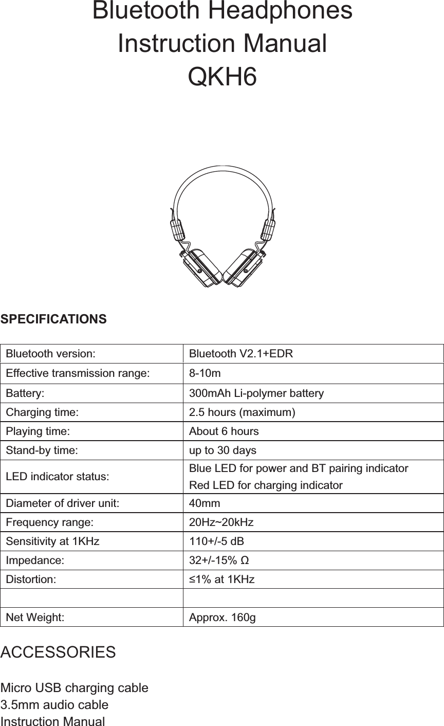 Bluetooth Headphones Instruction Manual QKH6     SPECIFICATIONS  Bluetooth version:  Bluetooth V2.1+EDR Effective transmission range:    8-10m Battery:  300mAh Li-polymer battery   Charging time:  2.5 hours (maximum) Playing time:  About 6 hours Stand-by time:    up to 30 days     LED indicator status:  Blue LED for power and BT pairing indicator Red LED for charging indicator Diameter of driver unit:  40mm Frequency range:  20Hz~20kHz Sensitivity at 1KHz  110+/-5 dB Impedance:  32+/-15%  Distortion:  1% at 1KHz Rated power input  10mW Net Weight:  Approx. 160g  ACCESSORIES  Micro USB charging cable         3.5mm audio cable      Instruction Manual       