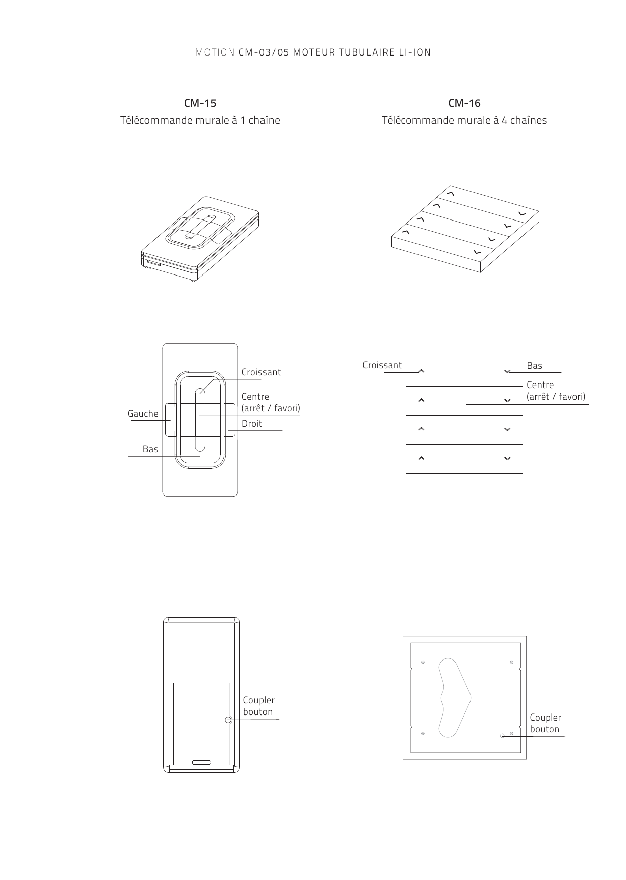 CM-15Télécommande murale à 1 chaîneCM-16Télécommande murale à 4 chaînesCouplerboutonCouplerboutonCroissantDroitBasGaucheCentre(arrêt / favori)BasCroissantCentre(arrêt / favori)MOTION CM-03/05 MOTEUR TUBULAIRE LI-ION
