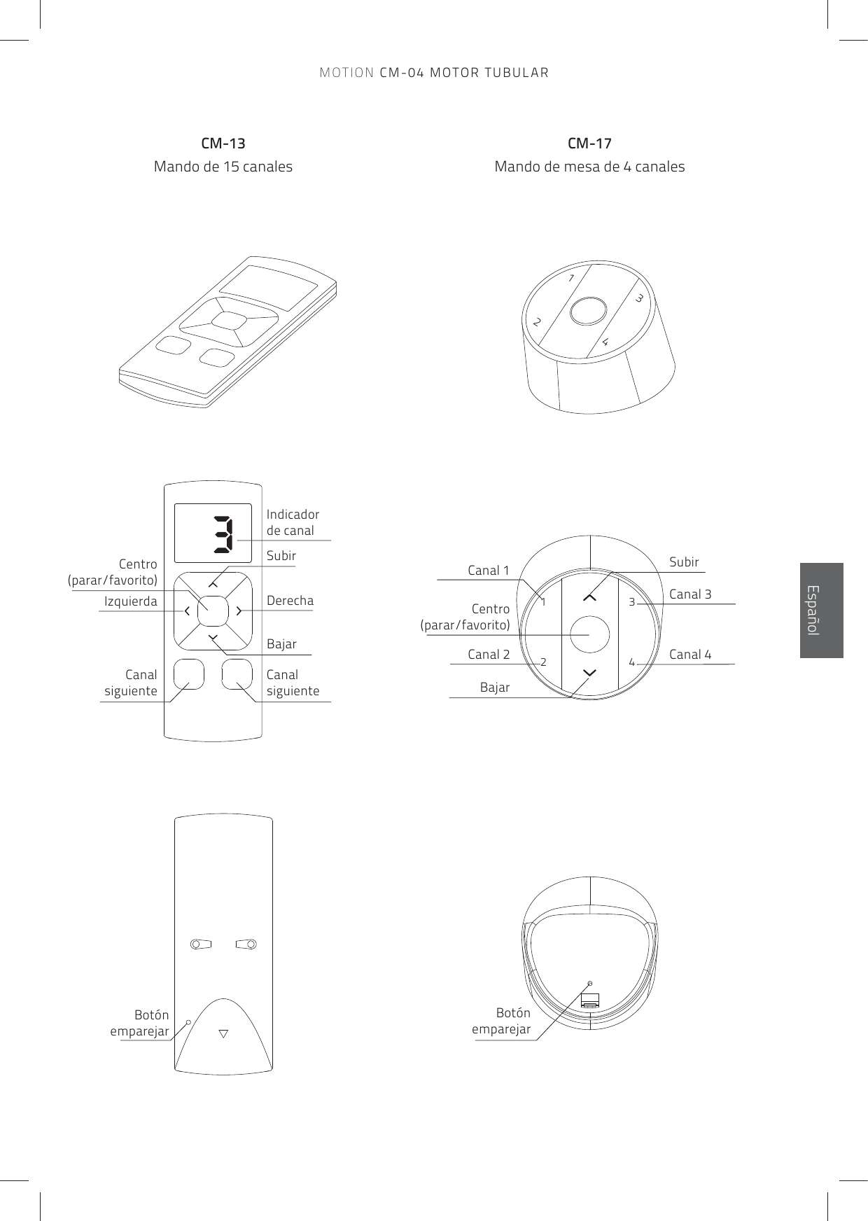 12341324SubirIndicador de canalDerechaBajarCanalsiguienteCanalsiguienteCentro(parar/favorito)IzquierdaCanal 1Canal 3Canal 2 Canal 4BajarSubirCentro(parar/favorito)Botón emparejarBotón emparejarCM-13Mando de 15 canalesCM-17 Mando de mesa de 4 canalesEnglishEspañolMOTION CM-04 MOTOR TUBULAR