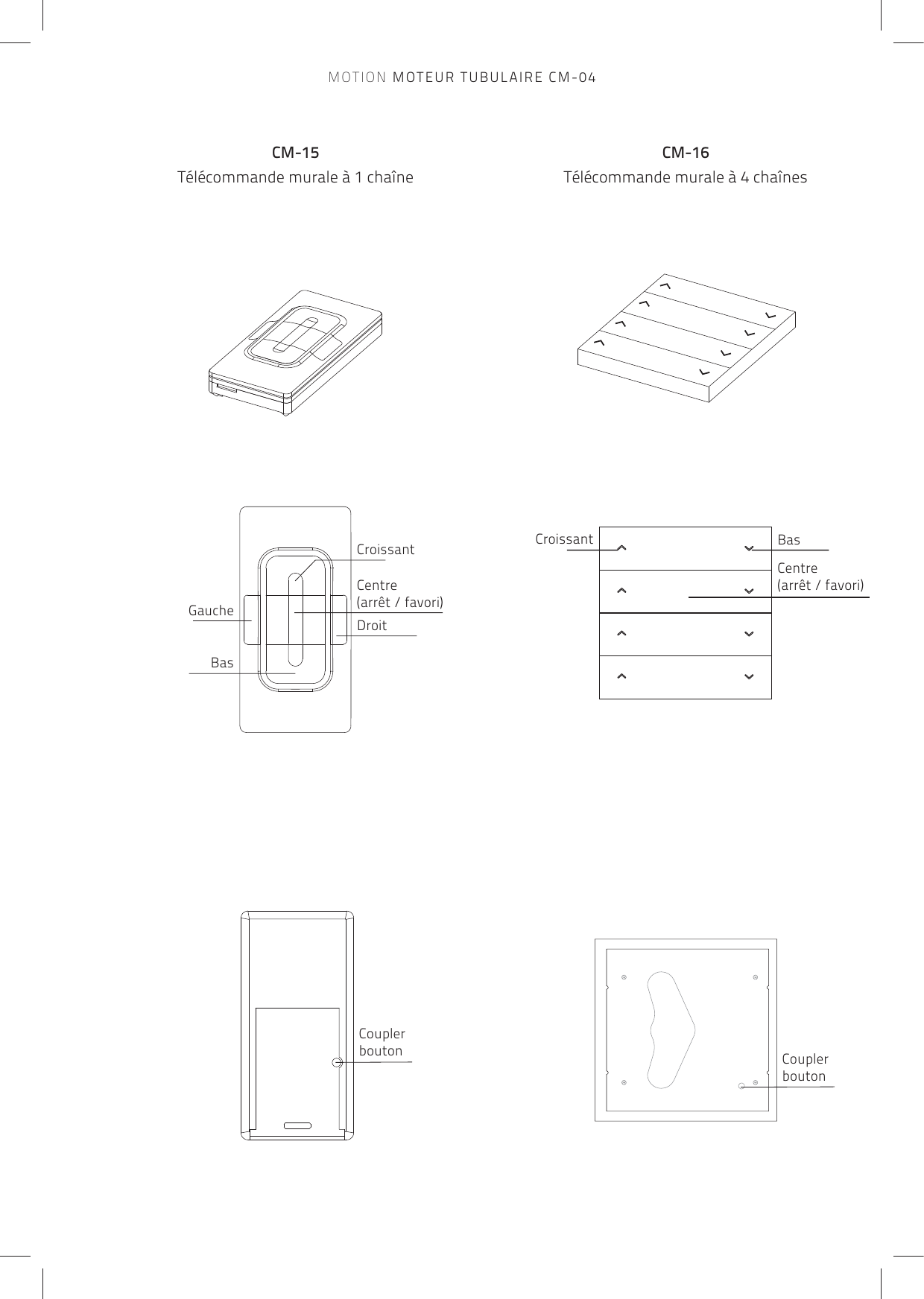 CM-15Télécommande murale à 1 chaîneCM-16Télécommande murale à 4 chaînesCouplerboutonCouplerboutonCroissantDroitBasGaucheCentre(arrêt / favori)BasCroissantCentre(arrêt / favori)MOTION MOTEUR TUBULAIRE CM-04