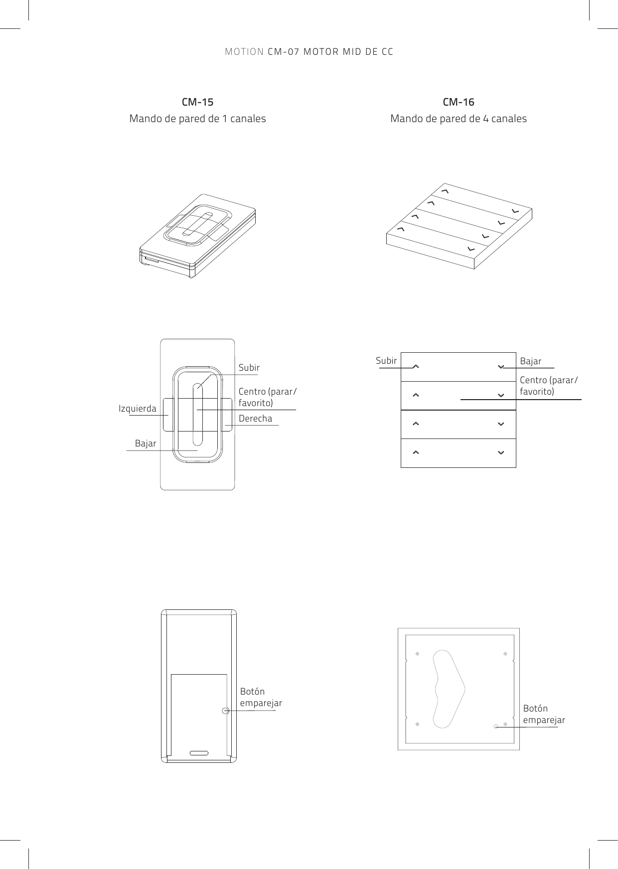 CM-15Mando de pared de 1 canalesCM-16Mando de pared de 4 canalesBotónemparejarBotónemparejarSubirDerechaBajarIzquierdaCentro (parar/favorito)BajarSubirCentro (parar/favorito)MOTION CM-07 MOTOR MID DE CC