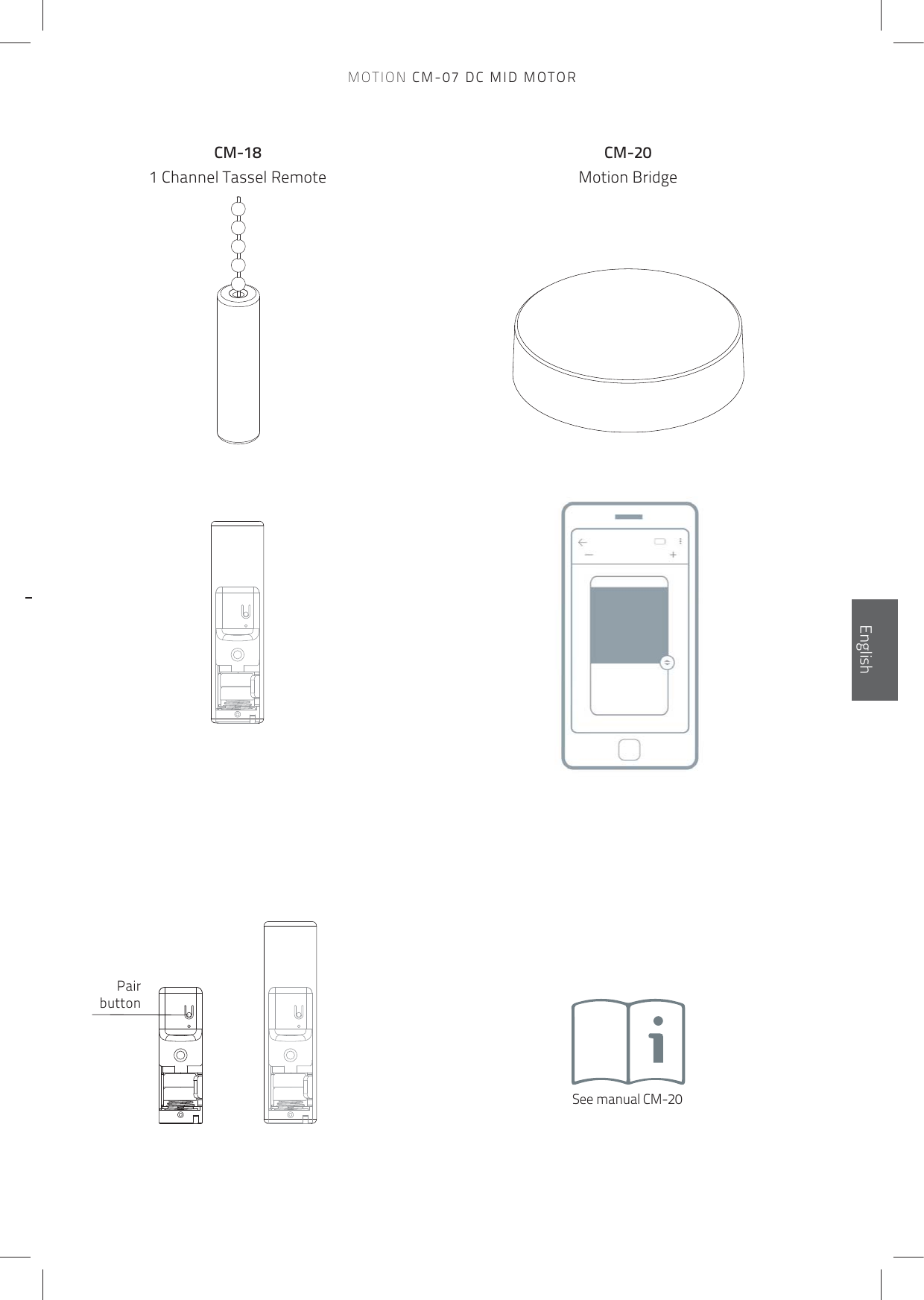 MOTION CM-07 DC MID MOTORCM-181 Channel Tassel RemoteCM-20Motion BridgeSee manual CM-20Pair buttonEnglish