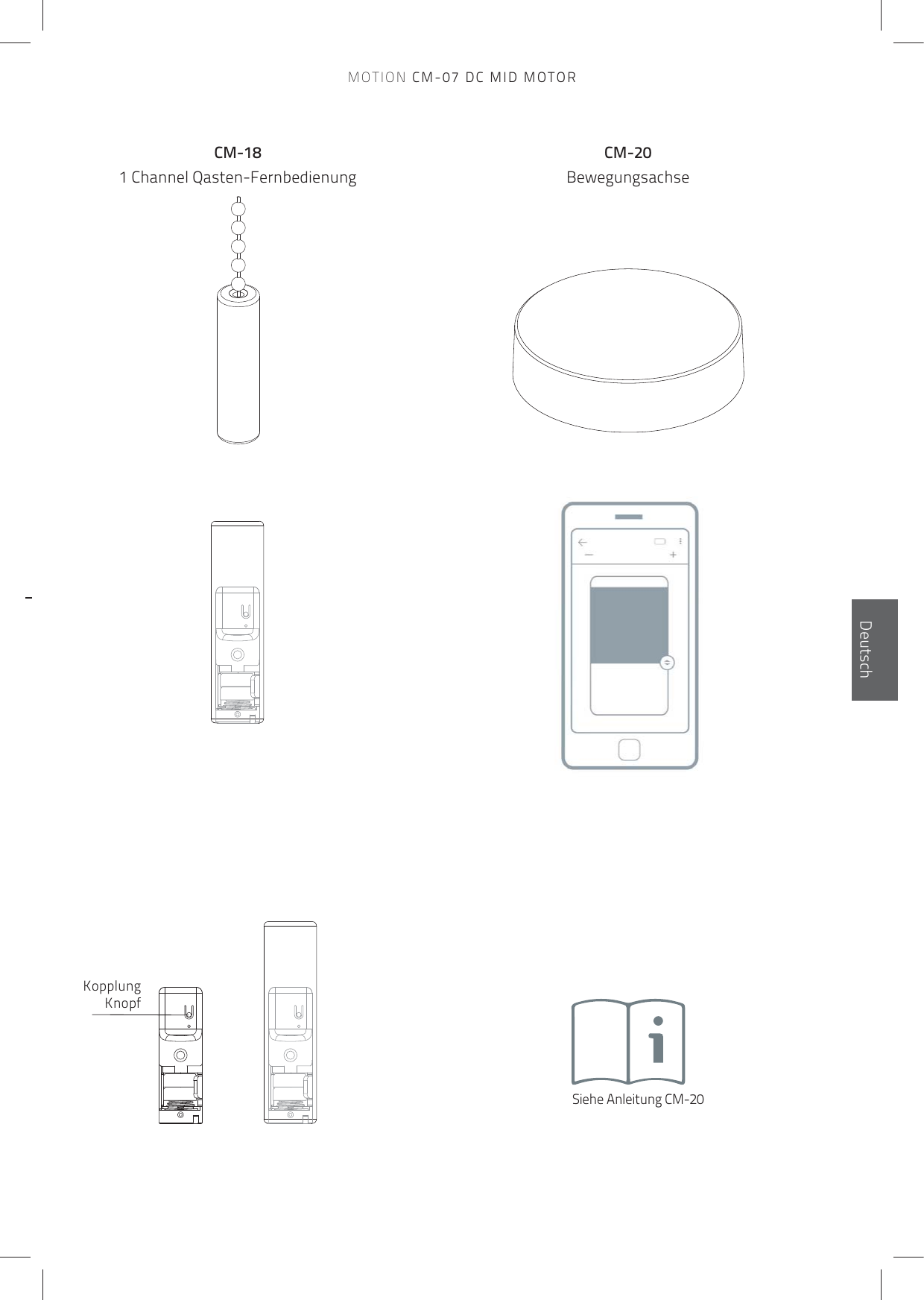 EnglischDeutschCM-181 Channel Qasten-FernbedienungCM-20BewegungsachseSiehe Anleitung CM-20Kopplung KnopfMOTION CM-07 DC MID MOTOR