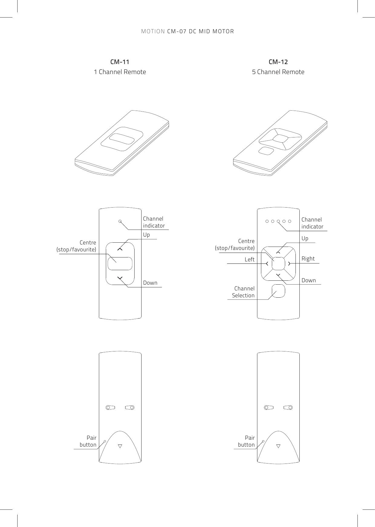 MOTION CM-07 DC MID MOTORPair buttonPair buttonChannelSelectionChannel  indicatorUpDownCentre(stop/favourite)Centre(stop/favourite)UpChannel indicatorDownRightLeftCM-111 Channel RemoteCM-125 Channel Remote