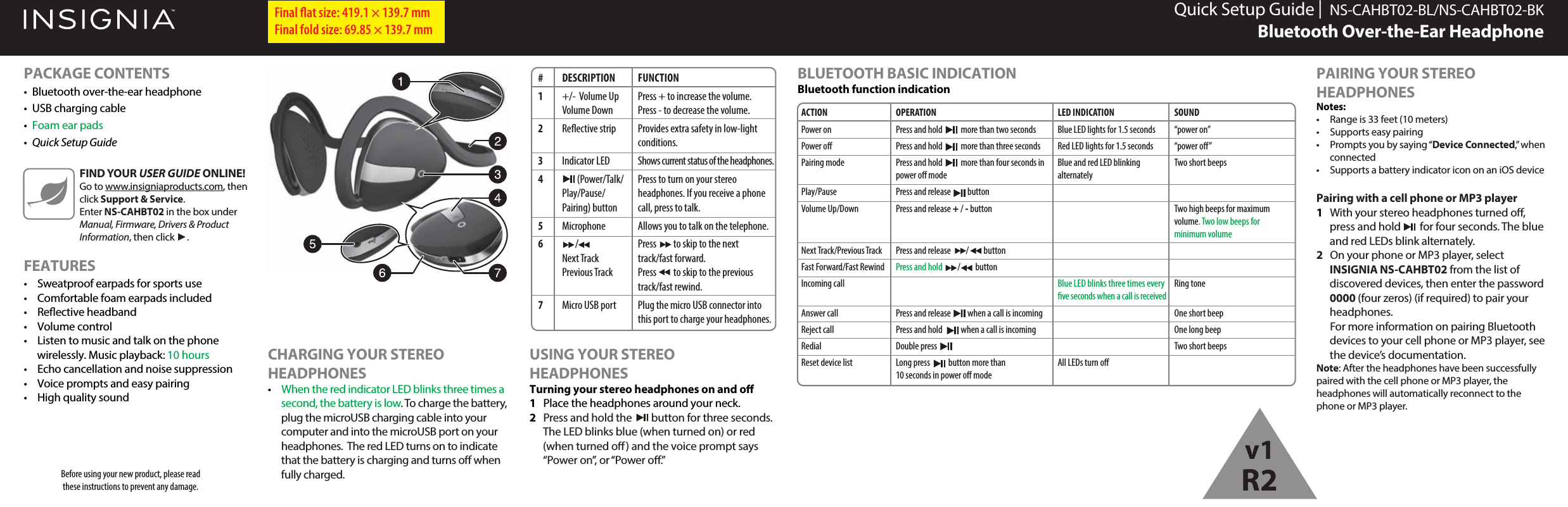 Quick Setup Guide |  NS-CAHBT02-BL/NS-CAHBT02-BKBluetooth Over-the-Ear HeadphonePACKAGE CONTENTS&bull;  Bluetooth over-the-ear headphone&bull;  USB charging cable&bull;  Foam ear pads&bull;  Quick Setup GuideFEATURES&bull;  Sweatproof earpads for sports use&bull;  Comfortable foam earpads included&bull; Reective headband&bull; Volume control&bull;  Listen to music and talk on the phone wirelessly. Music playback: 10 hours&bull;  Echo cancellation and noise suppression&bull;  Voice prompts and easy pairing&bull; High quality soundBefore using your new product, please read these instructions to prevent any damage.USING YOUR STEREO HEADPHONESTurning your stereo headphones on and o1  Place the headphones around your neck. 2  Press and hold the        button for three seconds. The LED blinks blue (when turned on) or red (when turned o) and the voice prompt says &ldquo;Power on&rdquo;, or &ldquo;Power o.&rdquo;Final ﬂat size: 419.1 &times; 139.7 mm Final fold size: 69.85 &times; 139.7 mmFIND YOUR USER GUIDE ONLINE!Go to www.insigniaproducts.com, then click Support &amp; Service. Enter NS-CAHBT02 in the box under Manual, Firmware, Drivers &amp; Product Information, then click ►.# DESCRIPTION1  +/-  Volume Up Volume Down2 Reective strip3 Indicator LED4          (Power/Talk/ Play/Pause/ Pairing) button5 Microphone6         / Next Track Previous Track7  Micro USB portFUNCTIONPress + to increase the volume.Press - to decrease the volume.Provides extra safety in low-light conditions.Shows current status of the headphones.Press to turn on your stereo headphones. If you receive a phone call, press to talk.Allows you to talk on the telephone.Press         to skip to the next track/fast forward.Press         to skip to the previous track/fast rewind.Plug the micro USB connector into this port to charge your headphones.CHARGING YOUR STEREO HEADPHONES &bull; When the red indicator LED blinks three times a second, the battery is low. To charge the battery, plug the microUSB charging cable into your computer and into the microUSB port on your headphones.  The red LED turns on to indicate that the battery is charging and turns o when fully charged.BLUETOOTH BASIC INDICATIONBluetooth function indicationPAIRING YOUR STEREO HEADPHONESNotes:&bull;  Range is 33 feet (10 meters)&bull;  Supports easy pairing&bull;  Prompts you by saying &ldquo;Device Connected,&rdquo; when connected&bull;  Supports a battery indicator icon on an iOS devicePairing with a cell phone or MP3 player 1  With your stereo headphones turned o, press and hold        for four seconds. The blue and red LEDs blink alternately. 2  On your phone or MP3 player, select INSIGNIA NS-CAHBT02 from the list of discovered devices, then enter the password 0000 (four zeros) (if required) to pair your headphones.  For more information on pairing Bluetooth devices to your cell phone or MP3 player, see the device&rsquo;s documentation.Note: After the headphones have been successfully paired with the cell phone or MP3 player, the headphones will automatically reconnect to the phone or MP3 player.ACTIONPower onPower oPairing modePlay/PauseVolume Up/DownNext Track/Previous TrackFast Forward/Fast RewindIncoming callAnswer callReject callRedialReset device listOPERATIONPress and hold           more than two secondsPress and hold           more than three secondsPress and hold           more than four seconds in power o modePress and release          buttonPress and release + / - buttonPress and release         /         buttonPress and hold         /         buttonPress and release          when a call is incomingPress and hold           when a call is incomingDouble press Long press           button more than 10 seconds in power o modeLED INDICATIONBlue LED lights for 1.5 secondsRed LED lights for 1.5 secondsBlue and red LED blinking alternatelyBlue LED blinks three times every ve seconds when a call is receivedAll LEDs turn oSOUND&ldquo;power on&rdquo;&ldquo;power o&rdquo;Two short beeps Two high beeps for maximum volume. Two low beeps for minimum volumeRing toneOne short beepOne long beepTwo short beeps v1R2