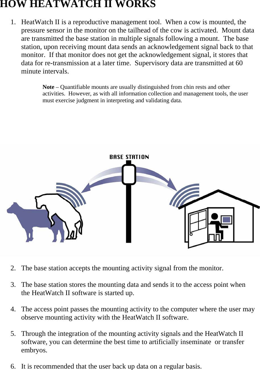 HOW HEATWATCH II WORKS  1. HeatWatch II is a reproductive management tool.  When a cow is mounted, the pressure sensor in the monitor on the tailhead of the cow is activated.  Mount data are transmitted the base station in multiple signals following a mount.  The base station, upon receiving mount data sends an acknowledgement signal back to that monitor.  If that monitor does not get the acknowledgement signal, it stores that data for re-transmission at a later time.  Supervisory data are transmitted at 60 minute intervals.  Note &ndash; Quantifiable mounts are usually distinguished from chin rests and other    activities.  However, as with all information collection and management tools, the user must exercise judgment in interpreting and validating data.        2. The base station accepts the mounting activity signal from the monitor.  3. The base station stores the mounting data and sends it to the access point when the HeatWatch II software is started up.  4. The access point passes the mounting activity to the computer where the user may observe mounting activity with the HeatWatch II software.  5. Through the integration of the mounting activity signals and the HeatWatch II software, you can determine the best time to artificially inseminate  or transfer embryos.  6. It is recommended that the user back up data on a regular basis.  