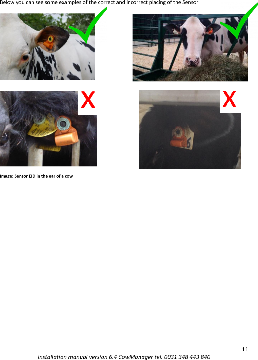   11 Installation manual version 6.4 CowManager tel. 0031 348 443 840 Below you can see some examples of the correct and incorrect placing of the Sensor                   Image: Sensor EID in the ear of a cow      