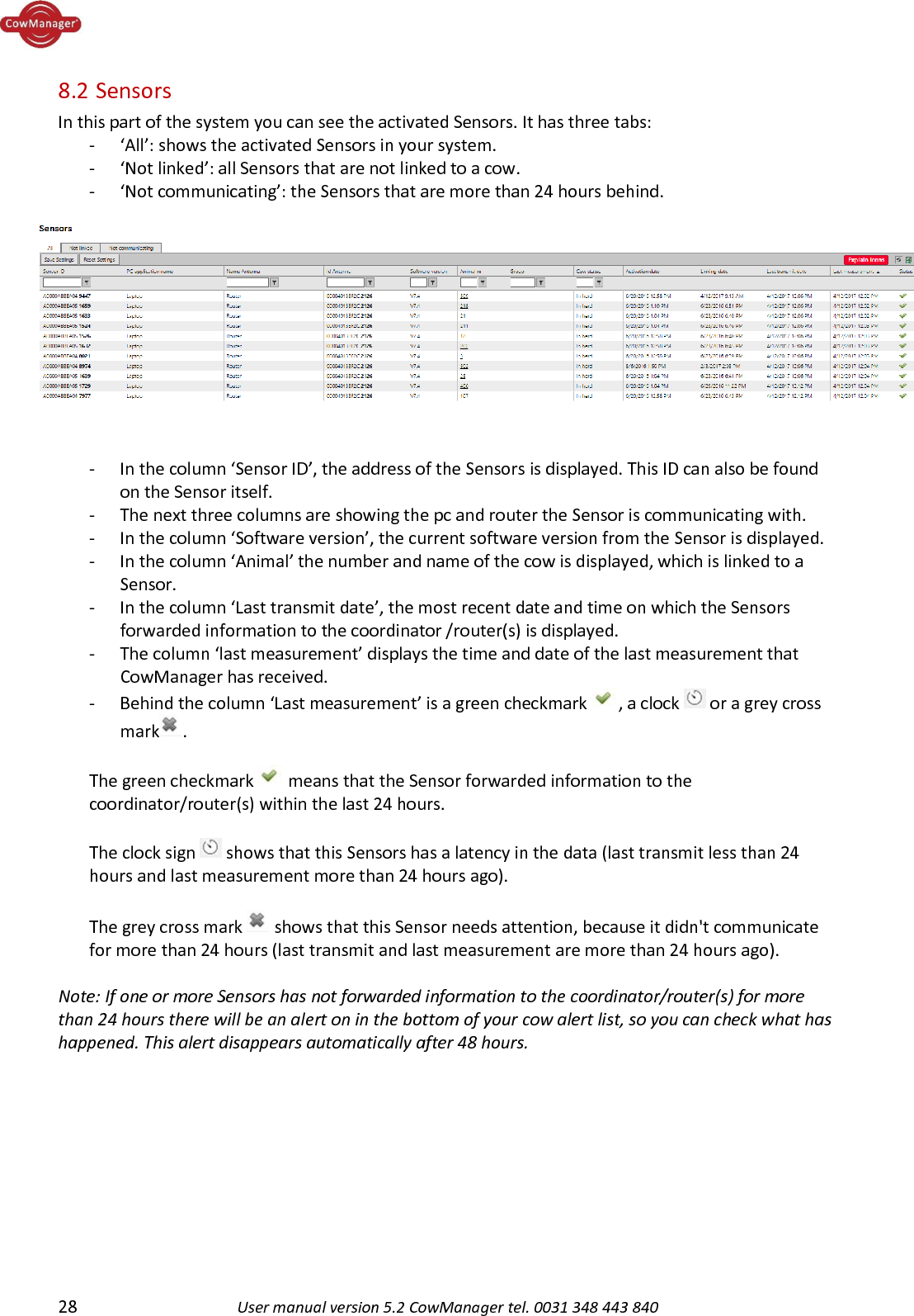  28 User manual version 5.2 CowManager tel. 0031 348 443 840  8.2  Sensors In this part of the system you can see the activated Sensors. It has three tabs: - &lsquo;All&rsquo;: shows the activated Sensors in your system.  - &lsquo;Not linked&rsquo;: all Sensors that are not linked to a cow. - &lsquo;Not communicating&rsquo;: the Sensors that are more than 24 hours behind.    - In the column &lsquo;Sensor ID&rsquo;, the address of the Sensors is displayed. This ID can also be found on the Sensor itself. - The next three columns are showing the pc and router the Sensor is communicating with. - In the column &lsquo;Software version&rsquo;, the current software version from the Sensor is displayed. - In the column &lsquo;Animal&rsquo; the number and name of the cow is displayed, which is linked to a Sensor. - In the column &lsquo;Last transmit date&rsquo;, the most recent date and time on which the Sensors forwarded information to the coordinator /router(s) is displayed.  - The column &lsquo;last measurement&rsquo; displays the time and date of the last measurement that CowManager has received.  - Behind the column &lsquo;Last measurement&rsquo; is a green checkmark , a clock   or a grey cross mark .   The green checkmark   means that the Sensor forwarded information to the coordinator/router(s) within the last 24 hours.    The clock sign   shows that this Sensors has a latency in the data (last transmit less than 24 hours and last measurement more than 24 hours ago).   The grey cross mark   shows that this Sensor needs attention, because it didn't communicate for more than 24 hours (last transmit and last measurement are more than 24 hours ago).  Note: If one or more Sensors has not forwarded information to the coordinator/router(s) for more than 24 hours there will be an alert on in the bottom of your cow alert list, so you can check what has happened. This alert disappears automatically after 48 hours.    
