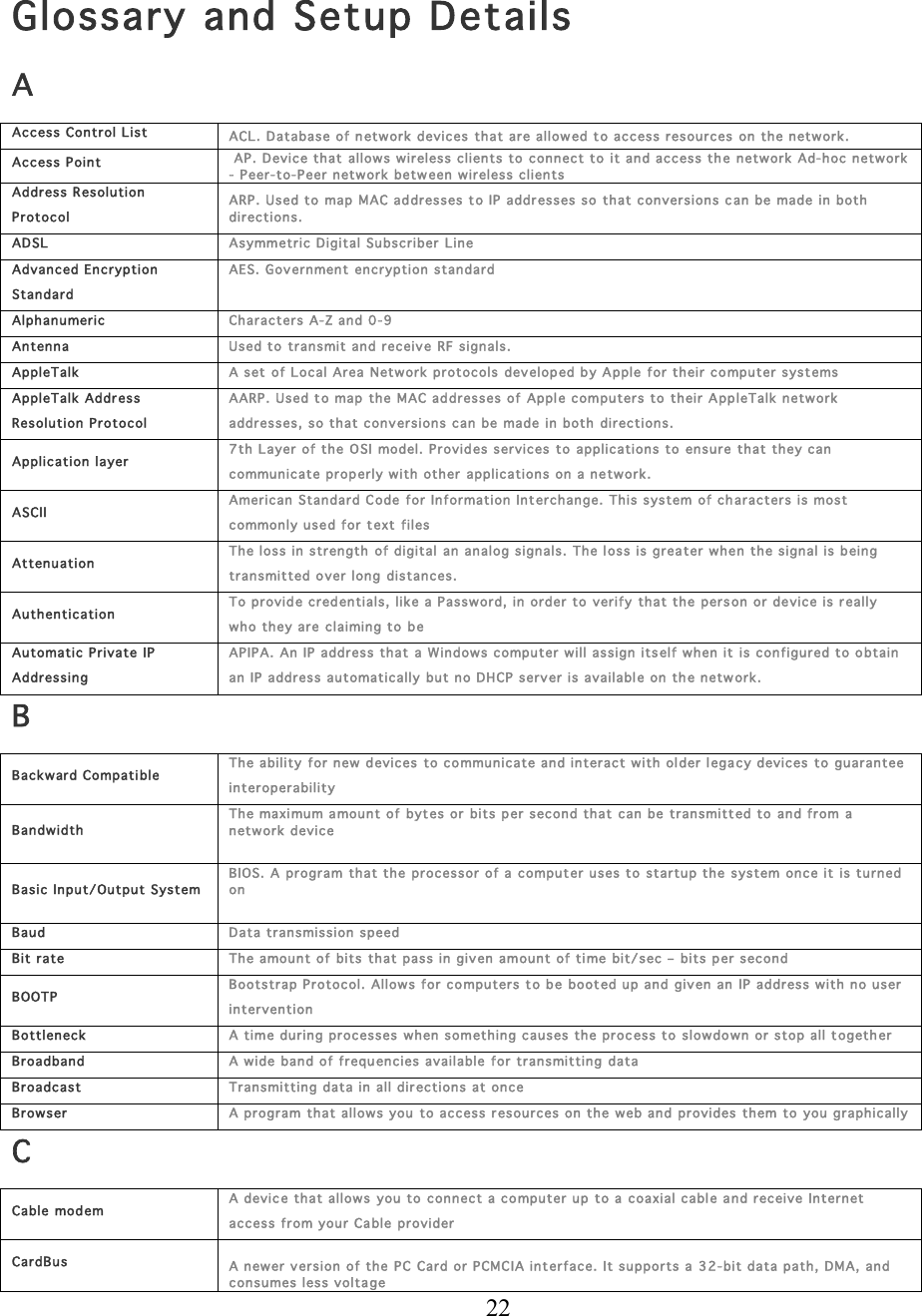  22      Glossary and Setup Details A Access Control L ist ACL.  D atabase of network  devices  that are allow ed to access resourc es on the network. Access Point  AP. D evice that  allows wireless c lien ts to connect to it and access the network Ad-hoc n etwor k - Peer-to-Peer n etwork betw een wireless clients  Address Res olution Protocol ARP.  U sed to  map  MAC ad dresses t o IP addresses so  that conversions c an be  made in both  direc tions. AD SL  Asymmetric Digital Subscriber Line Advanced En cryption  Stan dard AES. Government en cryption standard Alphanumeric Characters A-Z and 0-9 Antenn a Used to transmit and rec eive RF signals. AppleTalk A set of Local Area Network protocols developed b y Apple for their compu ter  systems  AppleTalk Addr es s Resolution Protocol AARP. Used t o map  the MAC addresses of Apple computers to their AppleTalk network addr esses, so that c on v ersions can be made  in both directions. Application layer 7th Layer  of the OSI model. Provides s ervices  to applications to en sur e  that they can communicate prop erly with other  applications  on a ne twork . ASCII Amer ican Standard Code for Information  Interchange. This sys tem  of ch arac ters is most commonly u sed for t ext  files Attenuation Th e loss in strength of digital an analog sign als. The loss is greater when the signal is b eing transmitted o ver  long distances . Auth en tication To provide cr ed entials, like a Password, in order  to verify that the pers on  or device is r eally who they are claiming to b e Automatic Pr ivate IP Addressing APIPA. An IP  address th at a Windows computer will assign  its elf when  it  is configured to obtain an IP addr ess automatically  but no DH CP ser ver is availabl e on  the netw ork . B Backw ard Compati ble Th e ability for  n ew  d evices to communicate and interact with older lega c y devic es  to guarantee inter operability Bandwidth  Th e maxi mum amou nt of byt es or  bits p er second that can be tran smitted to  and from  a network devic e  Basic Input/Output System BIOS. A program that the proc essor of a  comput er uses to  startu p the system on ce it is turned on  Baud Data transmission speed Bit rate Th e amount of bits that pass in giv en  amount of ti me  bit/sec – bits p er sec ond BOOTP Bootstrap Pr otocol. Allows for co mputers t o be  boot ed up and giv en an IP address with no user inter ven tion  Bottleneck A time durin g processes when  s om ething causes the proc ess to slowdown or stop all t ogeth er Br oadband A wide ban d of frequencies available for trans mitting  data Br oadcast Tr ansmitting data in all dir ec tions at once Br owser A program that allows you  to access r esour ces on  the web and provides  them to  you graphically C Cable modem A devic e that allows you to connect a computer up to a coaxial cable a n d r eceive  Internet  access from your Cable provider CardBus  A newer version of the PC Card or P CMCIA int erface. It supports a  32-bit data path, DMA, and consumes less volta ge 