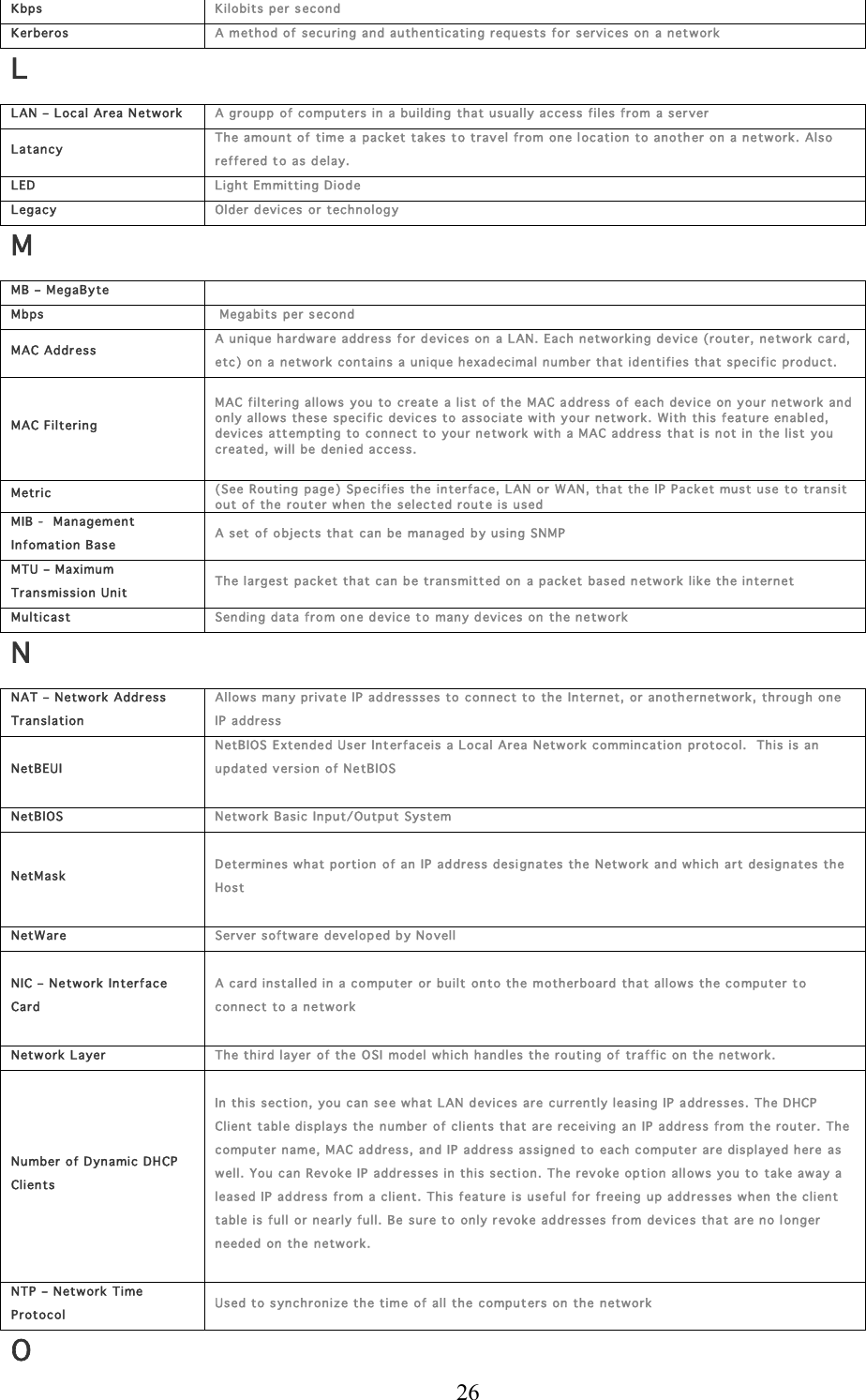  26 Kbps  Kilobits  per s econd Ker beros A method of  securing and authenticating requests for services on  a n et wor k L LAN – L ocal Area N etwork A groupp of computers in a building that usually access files from a ser ver Latancy Th e amount of time a pack et takes t o travel from on e location to another on  a network. Also reffer ed t o as d elay. LED   Light Em mitting Diod e Legac y Older d evices  or  technology M MB – MegaByte  Mbps  Megabits  per s econd MAC Addr ess A unique hardware address for d evic es on a LAN. Each n etworking device (router, n etw ork car d, etc) on  a  n etwor k contains a uniqu e hexadec imal n umber that id en tifies that specific product.   MAC Filtering  MAC filtering allows you to create  a lis t of the M AC address of each dev ice on  y our network and only allows thes e specific devic es to assoc iate with your  n etwork.  With th is feature enabl ed, devices attem pting to connec t to your n etw ork with a M AC address  that is not in the list you  created, w ill be  denied access.   Metric (See Rou ting page ) Specifies the inter face, LAN or WAN, that the IP Packet must use to transit out of the r outer w hen the  selected route is used MIB -   Managem ent In fomation  Bas e A set of objects that can be  managed  by us ing SNMP MTU – M aximu m Tr ansmiss ion Unit Th e largest packet that can be transmitt ed on  a packet  based n etwork like the internet Multicast Sending data fro m one device to many devices on  th e ne twork  N NAT – Network Address Tr anslation  Allows many private IP addr essses to connec t to the  Internet, or anoth ernetwork,  through one IP  address NetBEUI NetBIOS E xtende d U ser In t erfaceis a L ocal Area  Network commincation protocol.  Th is is an updated v ersion of N etBIOS  NetBIOS Network Basic In put/Output System NetMask  Determines what portion  of an IP ad dress desi gn ates  the Network and w hic h art design ates the  Host  NetWare Server software  dev eloped by No vell NIC – Netw ork Interface Card  A card installed in a computer  or built onto the m otherboard that allow s the computer to connect to a network  Network Layer Th e third layer  of the OSI  model which handles the routing of traffic on  the network.   Number of Dynamic DHCP Clients  In  this sec tion, you can see what LAN devices are  currently leasing IP addresses. The DHCP  Client tabl e displa ys the n umber  of clients that are receiving  an IP addr ess from th e router. The computer nam e, MAC ad dress, and IP addr ess assigned to each computer are displaye d h ere as well. You can Rev oke IP  addr esses  in this secti on. The revok e option  allows you  to take away a leased IP ad dres s from a client.  This feature  is u seful for freeing  u p add r esses  w hen the clien t table is f ull or nearly full. Be sure to only revoke ad dresses from device s th at are no longer needed  on the  n etwork.   NTP – N etwork Time Protocol Used to s yn chr onize the time  of all the comput er s on  the network O 