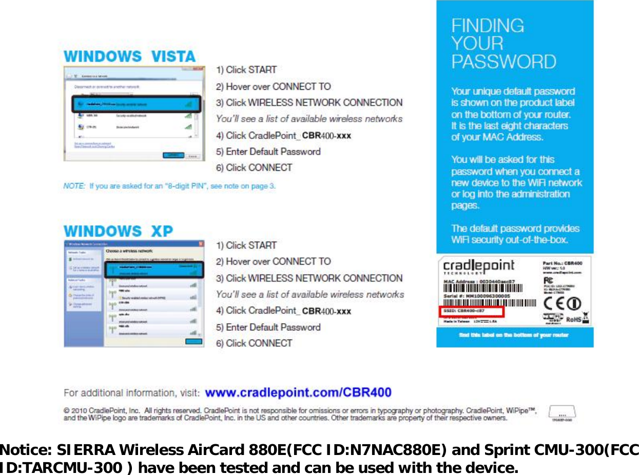 Notice: SIERRA Wireless AirCard880E(FCC ID:N7NAC880E) and Sprint CMU-300(FCC ID:TARCMU-300 ) have been tested and can be used with the device.