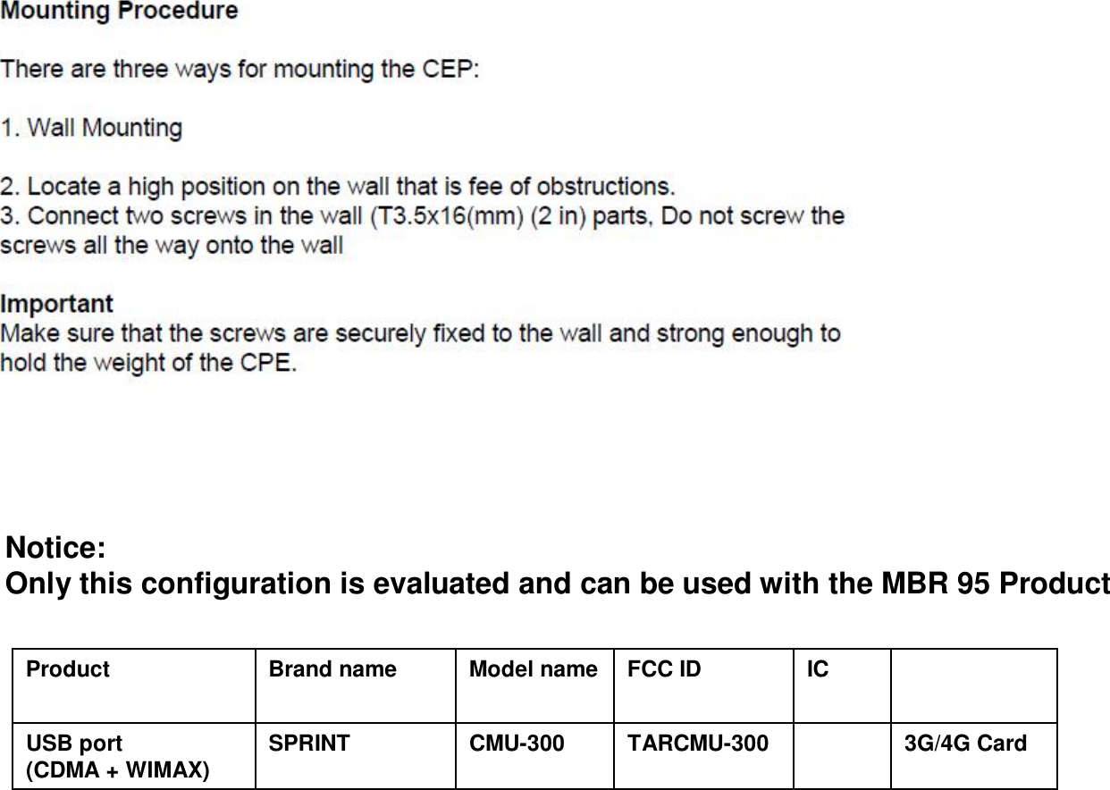 3G/4G CardTARCMU-300 CMU-300SPRINTUSB port (CDMA + WIMAX)ICFCC IDModel nameBrand nameProduct Notice: Only this configuration is evaluated and can be used with the MBR 95 Product