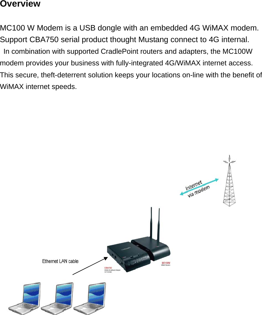  Overview  MC100 W Modem is a USB dongle with an embedded 4G WiMAX modem.   Support CBA750 serial product thought Mustang connect to 4G internal.     In combination with supported CradlePoint routers and adapters, the MC100W modem provides your business with fully-integrated 4G/WiMAX internet access. This secure, theft-deterrent solution keeps your locations on-line with the benefit of WiMAX internet speeds.      