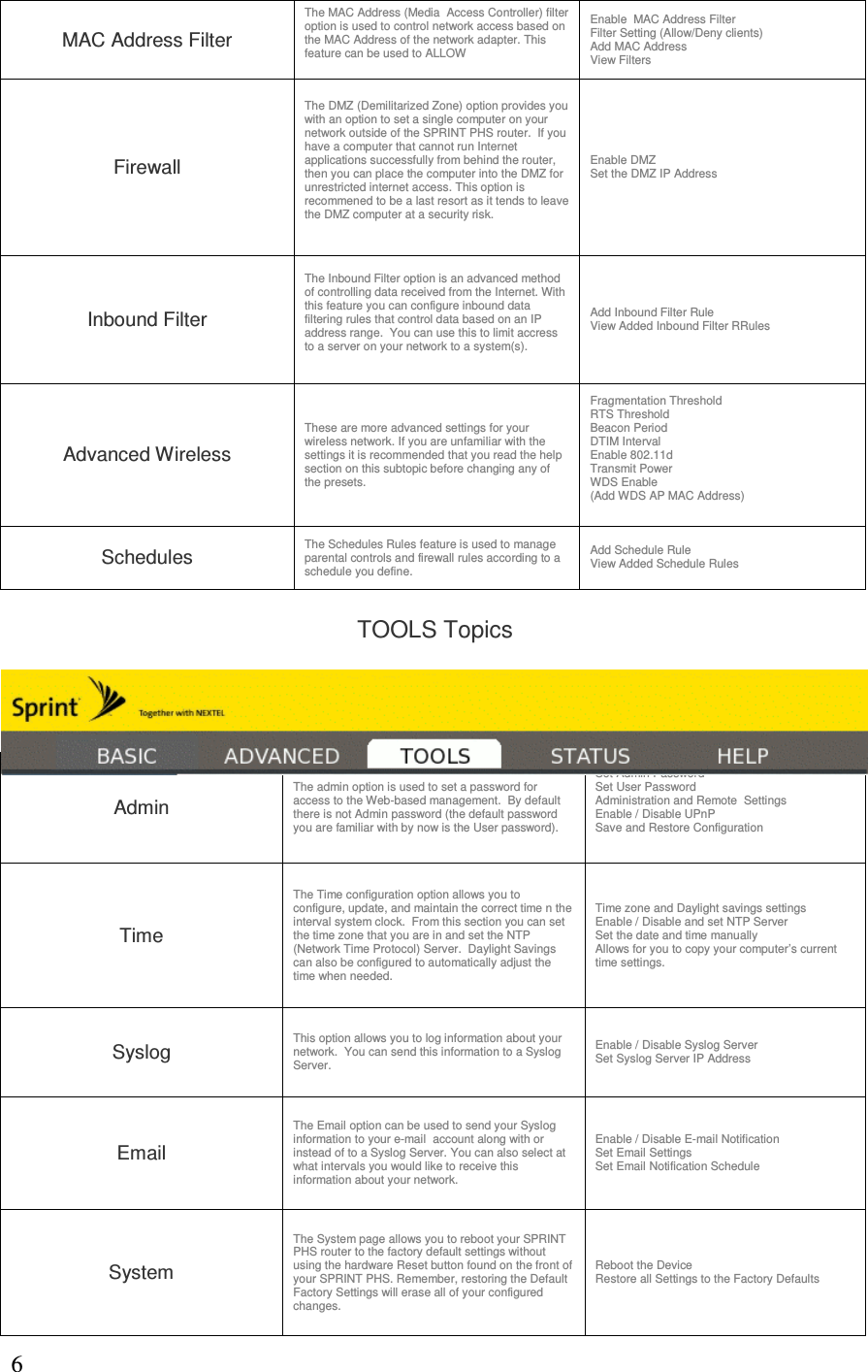 6MAC Address Filter The MAC Address (Media  Access Controller) filter option is used to control network access based on the MAC Address of the network adapter. This feature can be used to ALLOW Enable  MAC Address Filter Filter Setting (Allow/Deny clients) Add MAC Address View Filters Firewall The DMZ (Demilitarized Zone) option provides you with an option to set a single computer on your network outside of the SPRINT PHS router.  If you have a computer that cannot run Internet applications successfully from behind the router, then you can place the computer into the DMZ for unrestricted internet access. This option is recommened to be a last resort as it tends to leave the DMZ computer at a security risk.   Enable DMZ Set the DMZ IP Address Inbound Filter The Inbound Filter option is an advanced method of controlling data received from the Internet. With this feature you can configure inbound data filtering rules that control data based on an IP address range.  You can use this to limit accress to a server on your network to a system(s). Add Inbound Filter Rule View Added Inbound Filter RRules Advanced Wireless These are more advanced settings for your wireless network. If you are unfamiliar with the settings it is recommended that you read the help section on this subtopic before changing any of the presets.   Fragmentation Threshold RTS Threshold Beacon Period DTIM Interval Enable 802.11d Transmit Power WDS Enable (Add WDS AP MAC Address)  Schedules  The Schedules Rules feature is used to manage parental controls and firewall rules according to a schedule you define.  Add Schedule Rule View Added Schedule Rules TOOLS Topics Admin The admin option is used to set a password for access to the Web-based management.  By default there is not Admin password (the default password you are familiar with by now is the User password).   Set Admin Password Set User Password Administration and Remote  Settings Enable / Disable UPnP Save and Restore Configuration Time The Time configuration option allows you to configure, update, and maintain the correct time n the interval system clock.  From this section you can set the time zone that you are in and set the NTP (Network Time Protocol) Server.  Daylight Savings can also be configured to automatically adjust the time when needed. Time zone and Daylight savings settings Enable / Disable and set NTP Server Set the date and time manually  Allows for you to copy your computer’s current time settings. Syslog  This option allows you to log information about your network.  You can send this information to a Syslog Server. Enable / Disable Syslog Server Set Syslog Server IP Address Email The Email option can be used to send your Syslog information to your e-mail  account along with or instead of to a Syslog Server. You can also select at what intervals you would like to receive this information about your network. Enable / Disable E-mail Notification Set Email Settings  Set Email Notification Schedule System The System page allows you to reboot your SPRINT PHS router to the factory default settings without using the hardware Reset button found on the front of your SPRINT PHS. Remember, restoring the Default Factory Settings will erase all of your configured changes.   Reboot the Device Restore all Settings to the Factory Defaults  