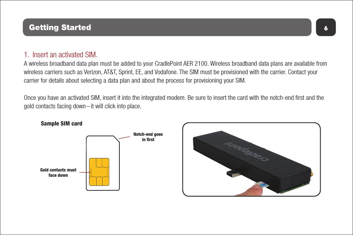 6Getting Started1. Insert an activated SIM.A wireless broadband data plan must be added to your CradlePoint AER 2100. Wireless broadband data plans are available from wireless carriers such as Verizon, AT&amp;T, Sprint, EE, and Vodafone. The SIM must be provisioned with the carrier. Contact your carrier for details about selecting a data plan and about the process for provisioning your SIM.Once you have an activated SIM, insert it into the integrated modem. Be sure to insert the card with the notch-end ﬁrst and the gold contacts facing down – it will click into place.Gold contacts must face downNotch-end goes in firstSample SIM card