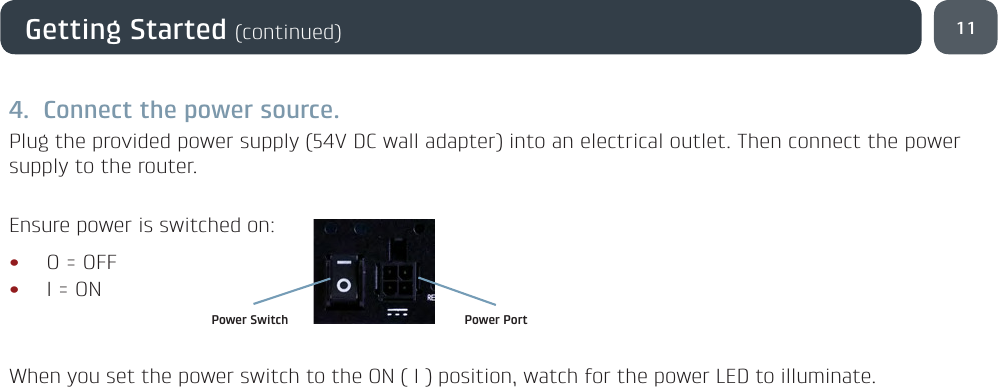 11Getting Started (continued)4.  Connect the power source.Plug the provided power supply (54V DC wall adapter) into an electrical outlet. Then connect the power supply to the router. Ensure power is switched on:• O = OFF• I = ONWhen you set the power switch to the ON ( I ) position, watch for the power LED to illuminate. Power Switch Power Port