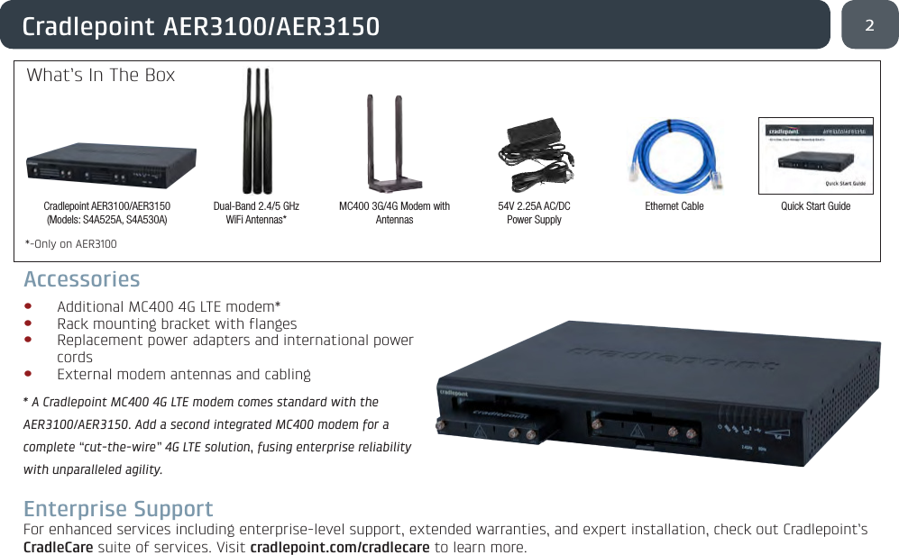 2Cradlepoint AER3100/AER3150Accessories• Additional MC400 4G LTE modem*• Rack mounting bracket with flanges• Replacement power adapters and international power cords• External modem antennas and cabling* A Cradlepoint MC400 4G LTE modem comes standard with the AER3100/AER3150. Add a second integrated MC400 modem for a complete “cut-the-wire” 4G LTE solution, fusing enterprise reliability with unparalleled agility.Enterprise SupportFor enhanced services including enterprise-level support, extended warranties, and expert installation, check out Cradlepoint’s CradleCare suite of services. Visit cradlepoint.com/cradlecare to learn more.What’s In The BoxCradlepoint AER3100/AER3150(Models: S4A525A, S4A530A)Dual-Band 2.4/5 GHz WiFi Antennas*54V 2.25A AC/DC Power SupplyEthernet Cable Quick Start GuideMC400 3G/4G Modem with Antennas*-Only on AER3100