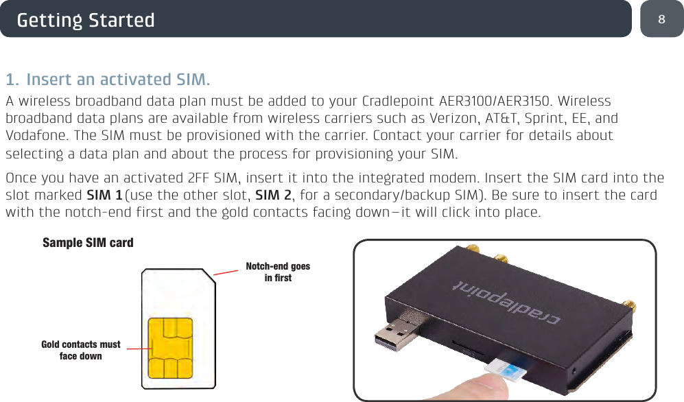 8Getting Started1. Insert an activated SIM.A wireless broadband data plan must be added to your Cradlepoint AER3100/AER3150. Wireless broadband data plans are available from wireless carriers such as Verizon, AT&amp;T, Sprint, EE, and Vodafone. The SIM must be provisioned with the carrier. Contact your carrier for details about selecting a data plan and about the process for provisioning your SIM.Once you have an activated 2FF SIM, insert it into the integrated modem. Insert the SIM card into the slot marked SIM 1 (use the other slot, SIM 2, for a secondary/backup SIM). Be sure to insert the card with the notch-end first and the gold contacts facing down – it will click into place.Gold contacts must face downNotch-end goes in firstSample SIM card