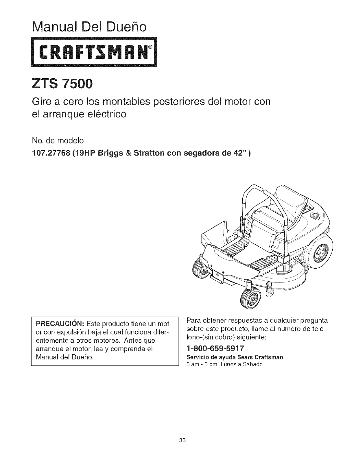 Craftsman 107277860 User Manual ZERO TURN REAR ENGINE RIDER Manuals And