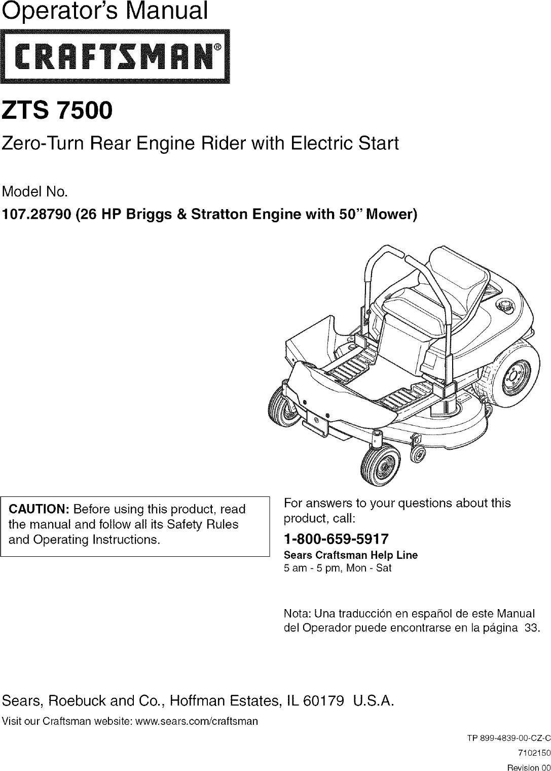 Craftsman 107287900 User Manual ZERO TURN REAR ENGINE RIDER Manuals And