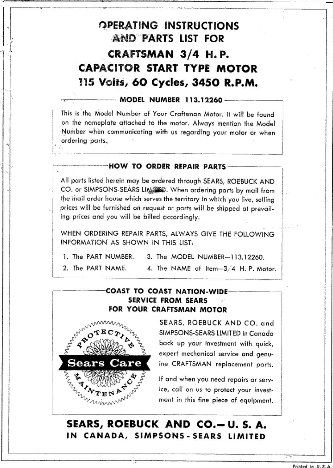 Page 1 of 4 - Craftsman 11312260 User Manual  3, 4 H.P. CAPACITOR START TYPE MOTOR - Manuals And Guides L0912098