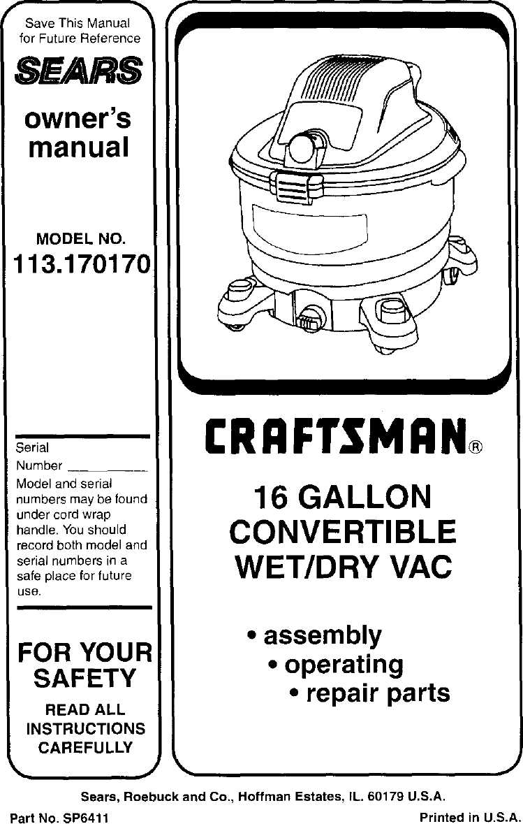 Craftsman 113170170 User Manual WET/DRY VAC Manuals And Guides L0102006
