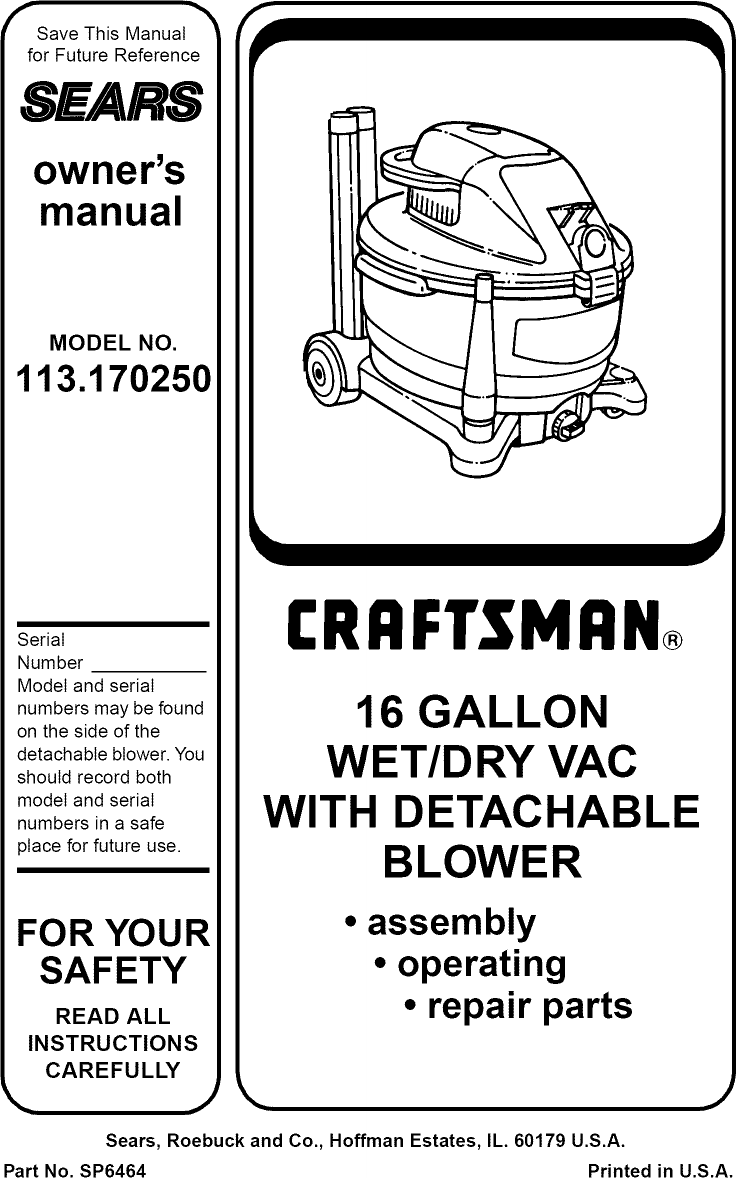 Craftsman 113170250 User Manual WET/DRY VAC W/DETACHABLE BLOWER Manuals
