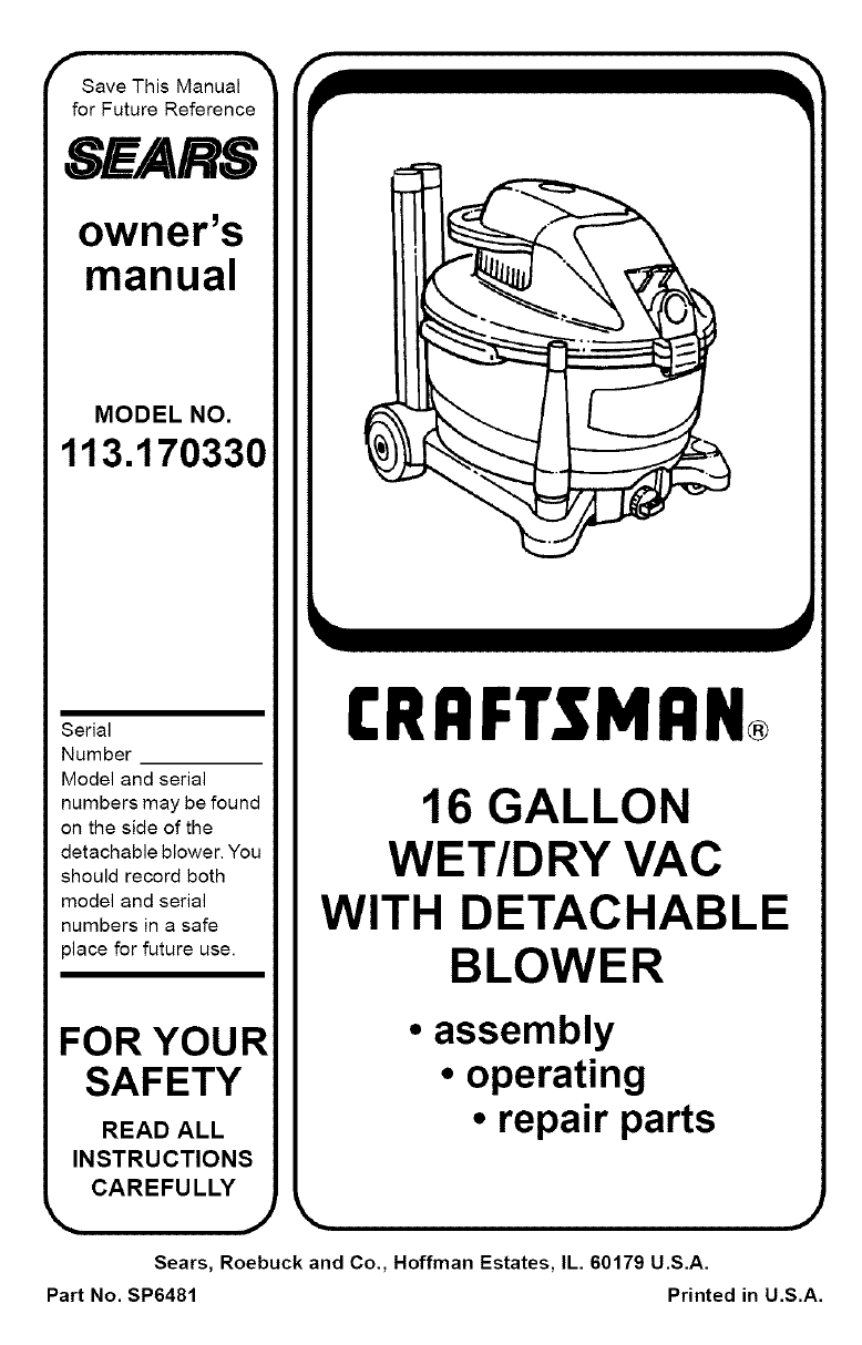 Craftsman 113170330 User Manual 16 GALLON WET/DRY VAC Manuals And