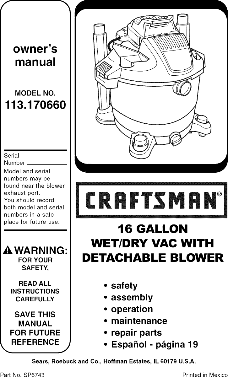 Craftsman 113170660 1008144L User Manual WET/DRY VAC Manuals And Guides