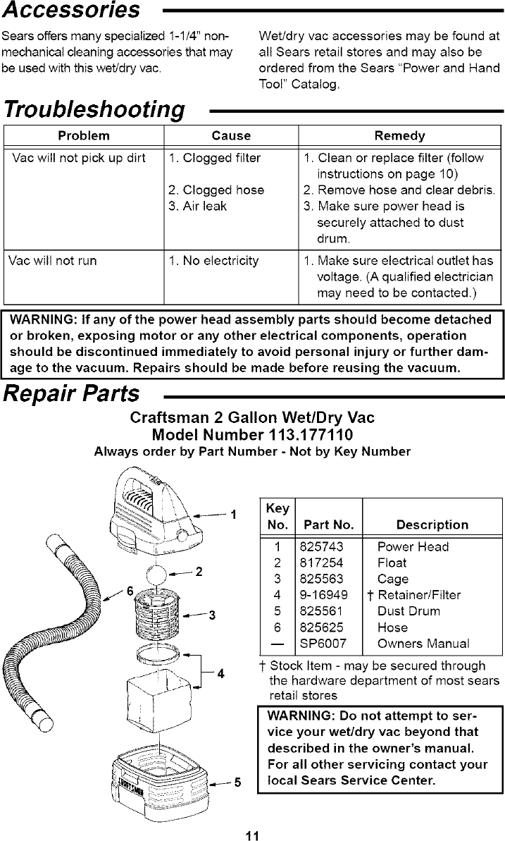 Page 11 of 12 - Craftsman 113177110 User Manual  2 GALLON WET/DRY VAC - Manuals And Guides L0804373