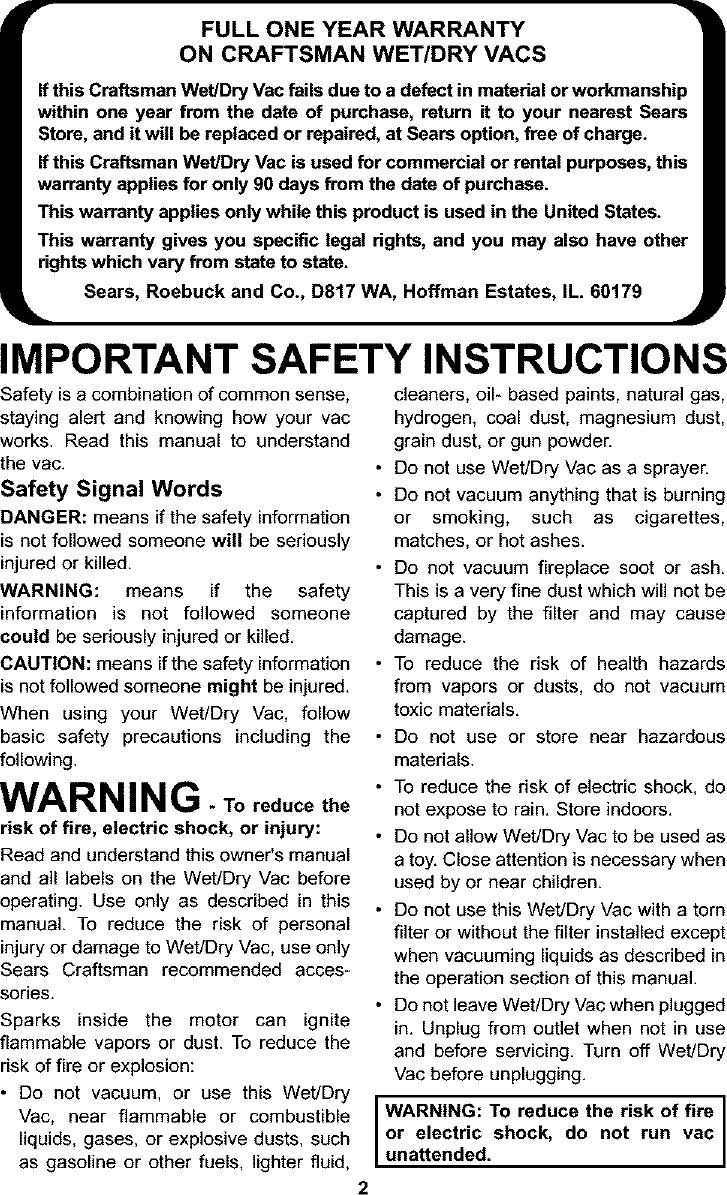 Page 2 of 12 - Craftsman 113177135 User Manual  WET/DRY VAC - Manuals And Guides L0401226