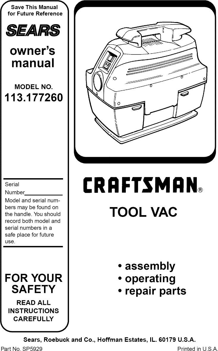 Craftsman 113177260 User Manual TOOL VAC Manuals And Guides L0810053
