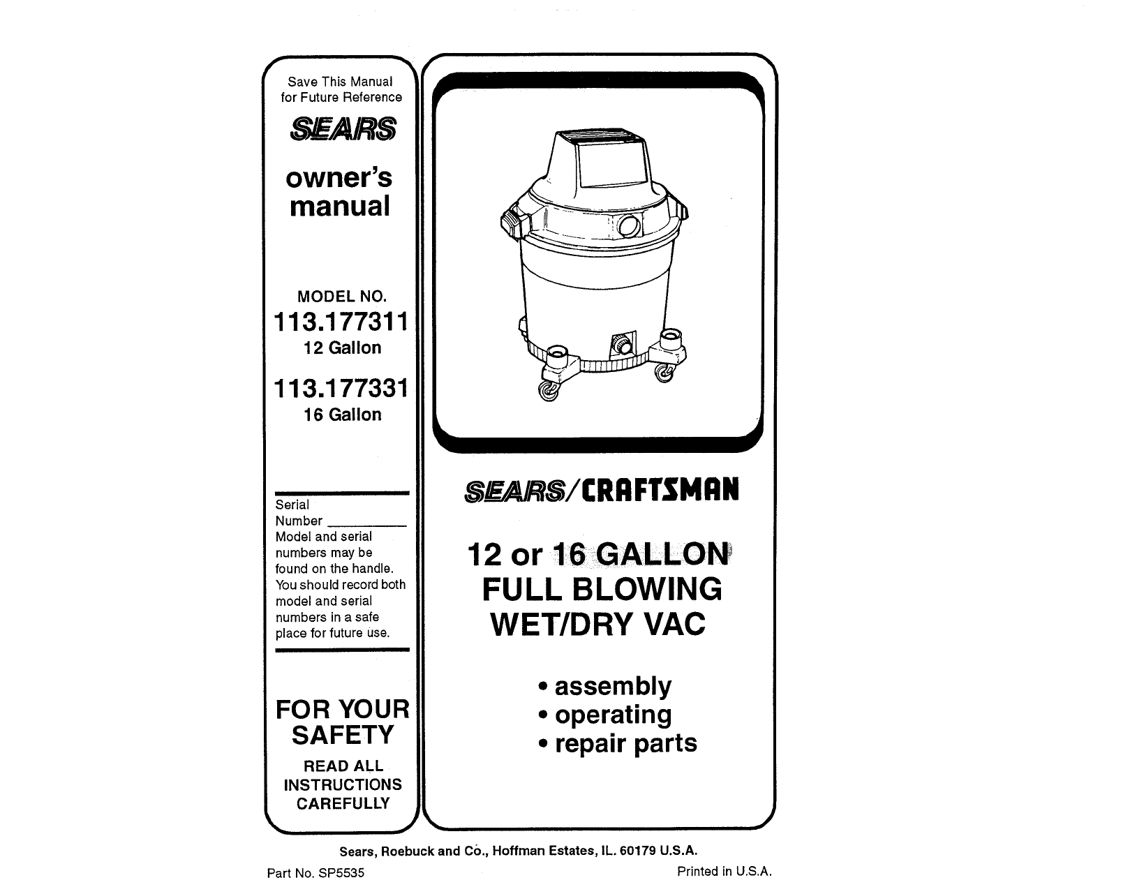 Craftsman 113177311 User Manual WET/DRY VAC Manuals And Guides L0909159