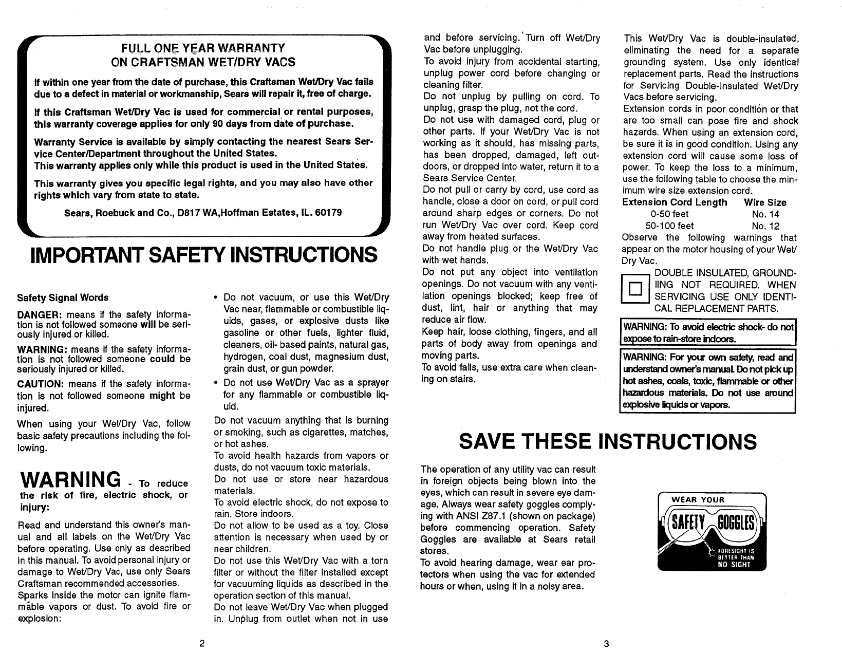 Craftsman 113177311 User Manual WET/DRY VAC Manuals And Guides L0909159