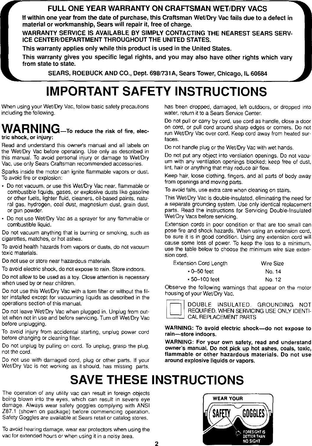 Page 2 of 8 - Craftsman 113177320 User Manual  WET/DRY VAC - Manuals And Guides L0107014