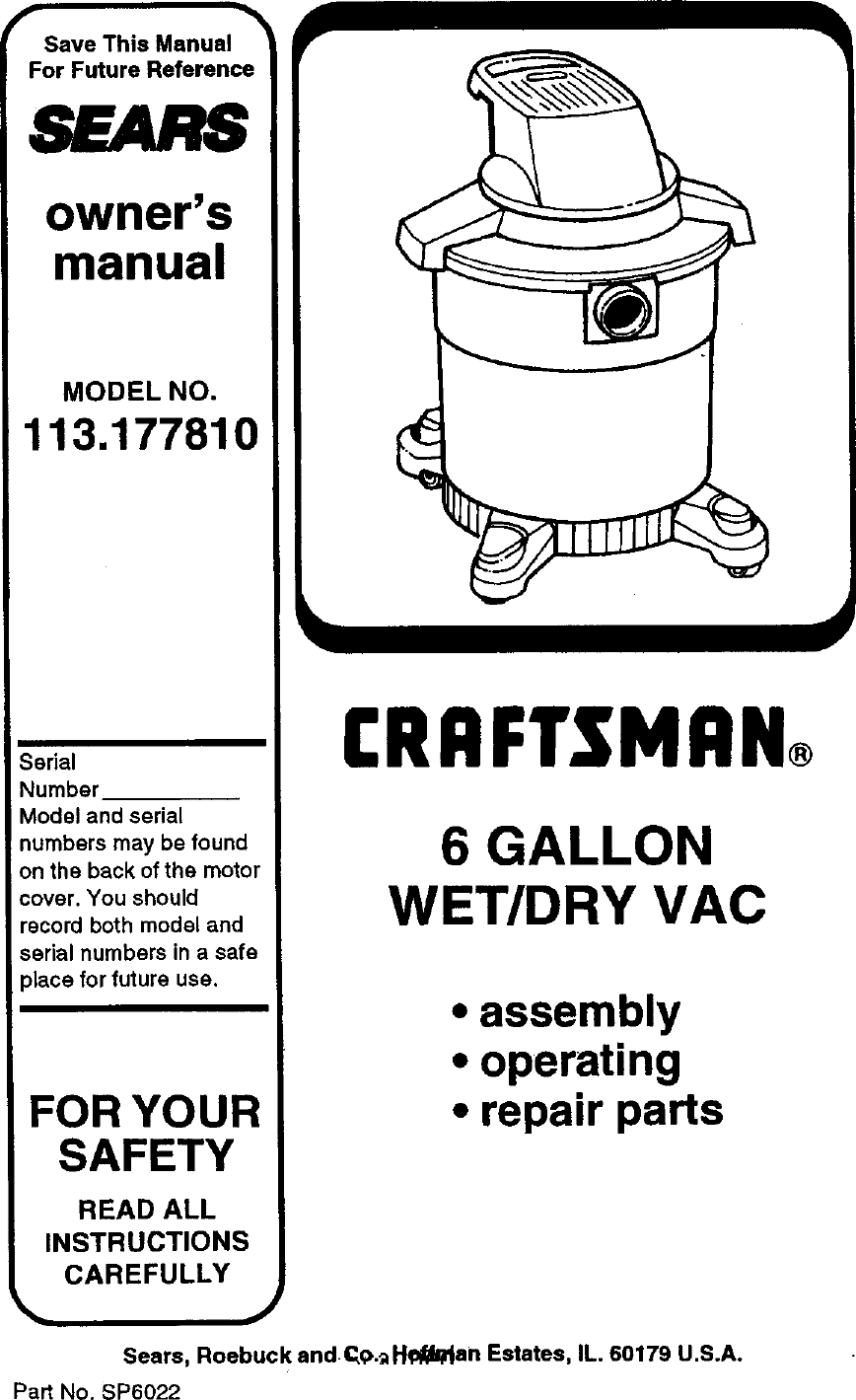 Craftsman 113177810 User Manual 6 GALLON WET/DRY VACUUM Manuals ...