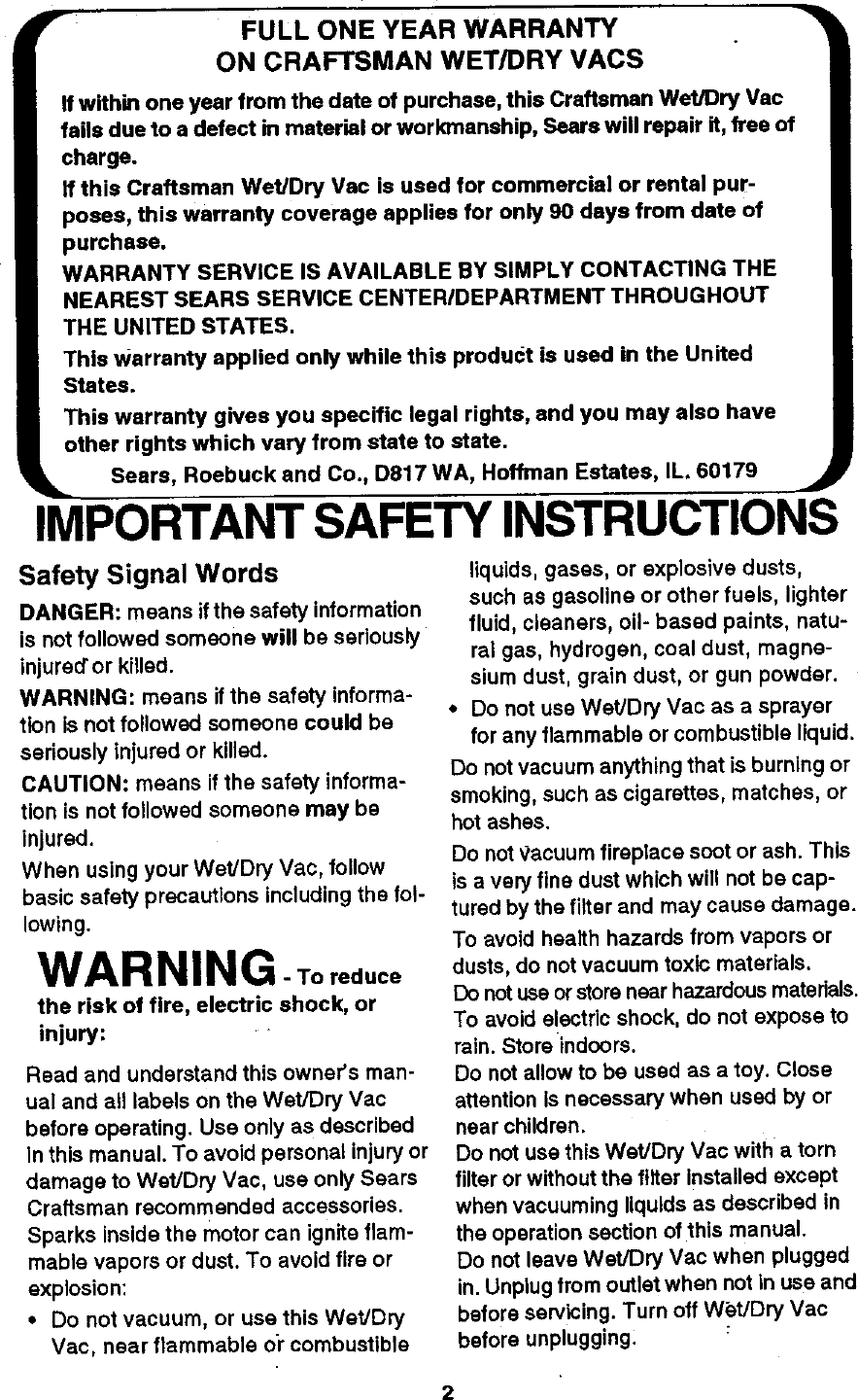 Page 2 of 12 - Craftsman 113177810 User Manual  6 GALLON WET/DRY VACUUM - Manuals And Guides 98120263