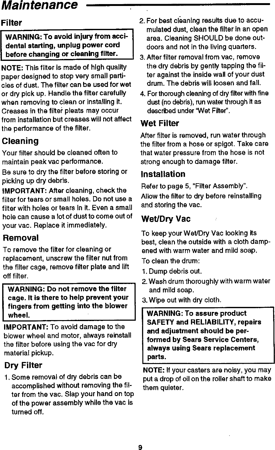 Page 9 of 12 - Craftsman 113177810 User Manual  6 GALLON WET/DRY VACUUM - Manuals And Guides 98120263