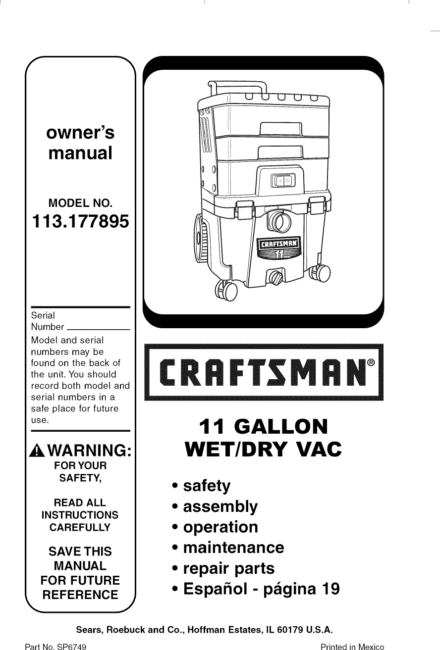 Craftsman 113177895 User Manual WET/DRY VAC Manuals And Guides L1003494