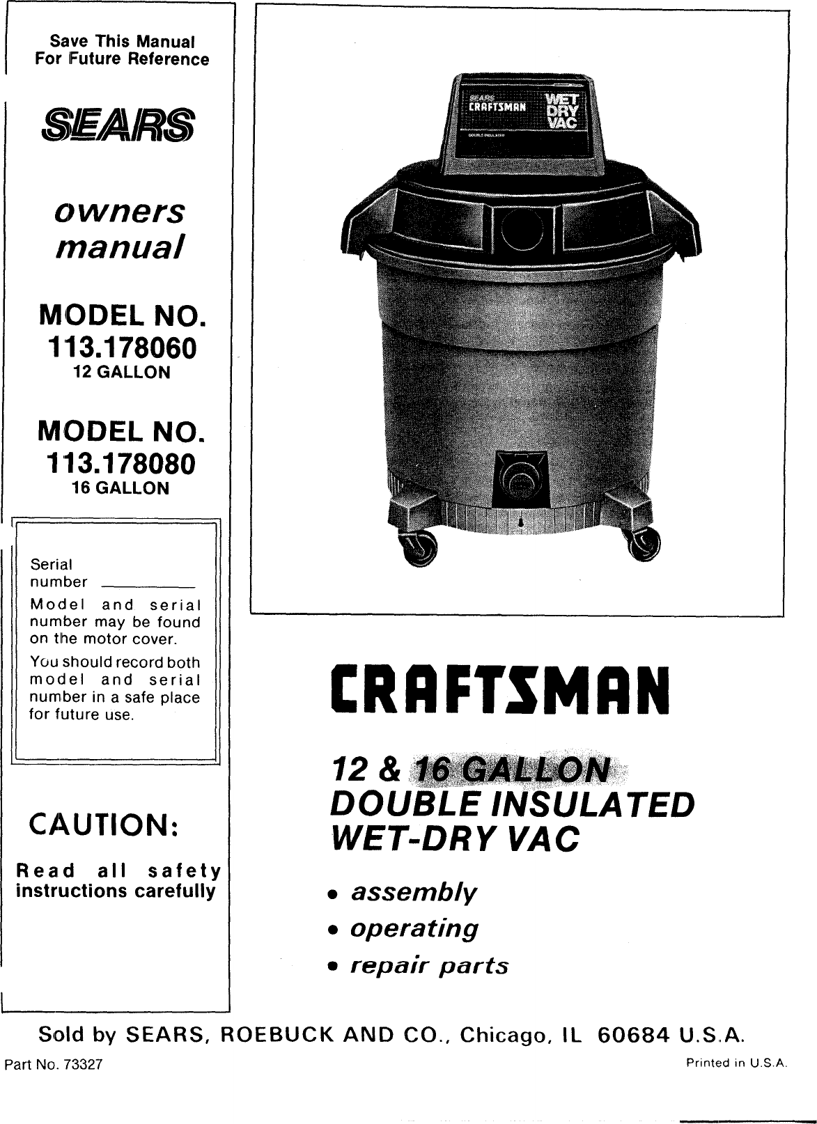 Page 1 of 12 - Craftsman 113178060 User Manual  WET-DRY VAC - Manuals And Guides L0904583