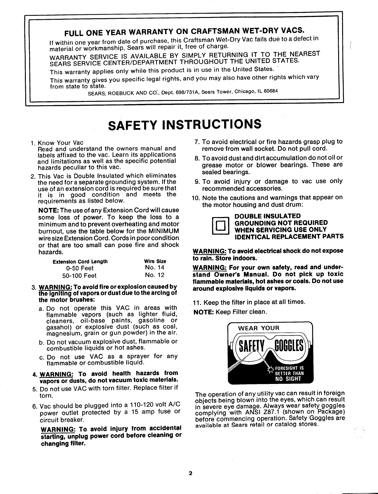 Page 2 of 12 - Craftsman 113178060 User Manual  WET-DRY VAC - Manuals And Guides L0904583