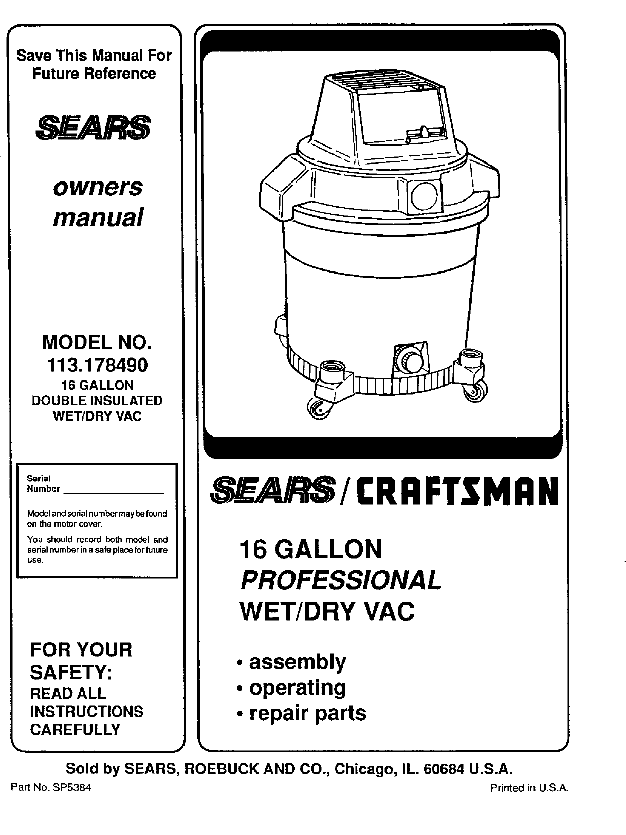 Craftsman 113178490 User Manual WET/DRY VAC Manuals And Guides L0201150