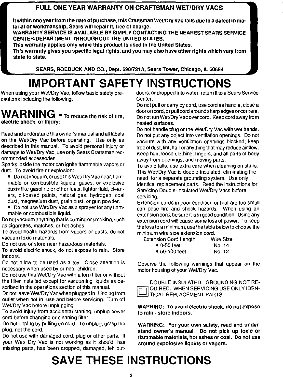 Page 2 of 12 - Craftsman 113178490 User Manual  WET/DRY VAC - Manuals And Guides L0201150